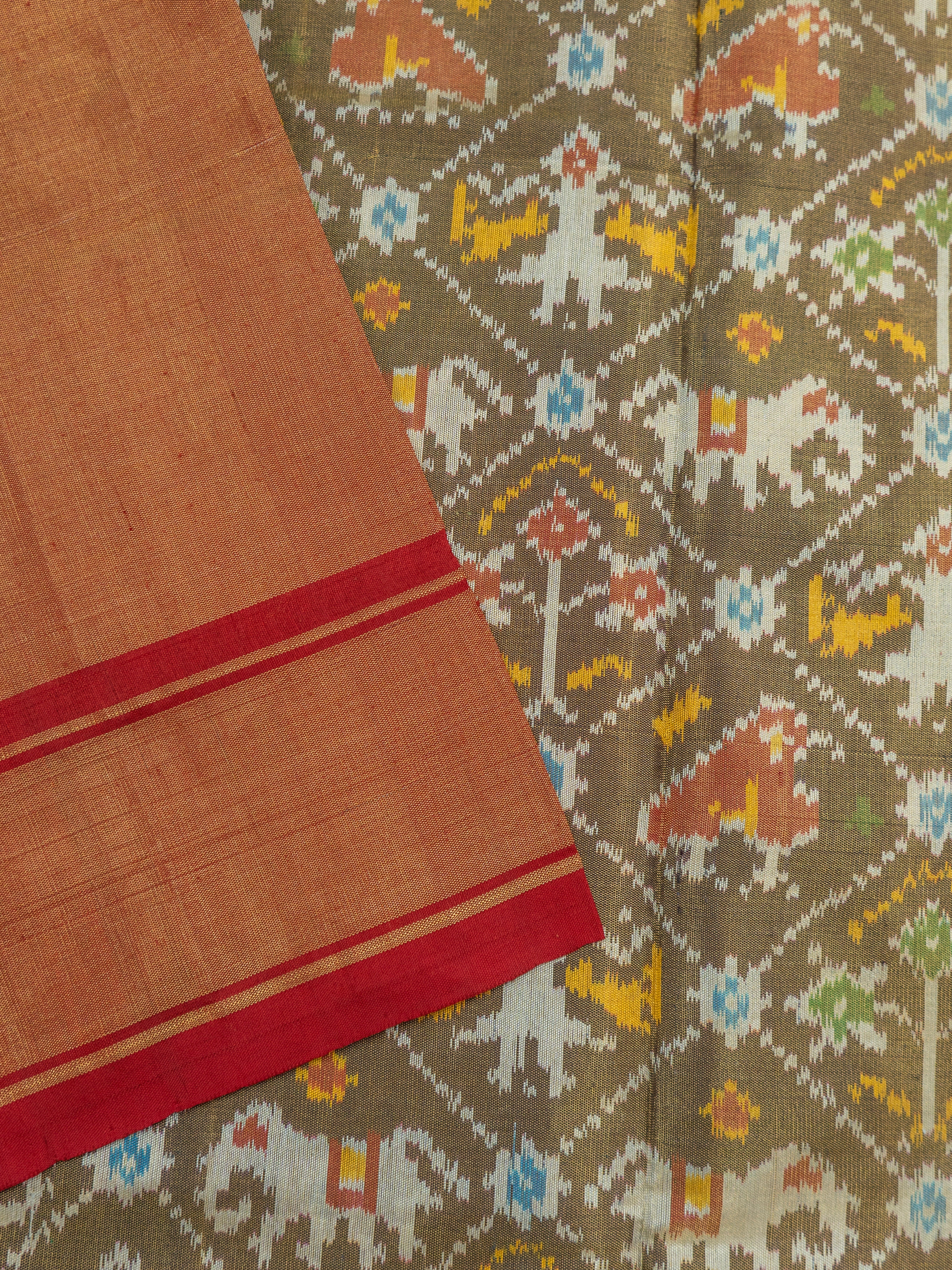 Pure Pochampally Silk Saree in Brown with Gold Zari Sparkle & Orange Ikat Pallu