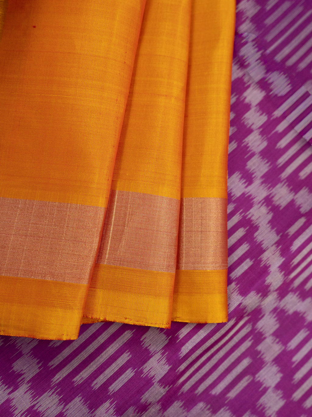 Pure Pochampally Silk Saree in Pink with Geometric Ikat Weaving & Contrast Orange Ikat Pallu