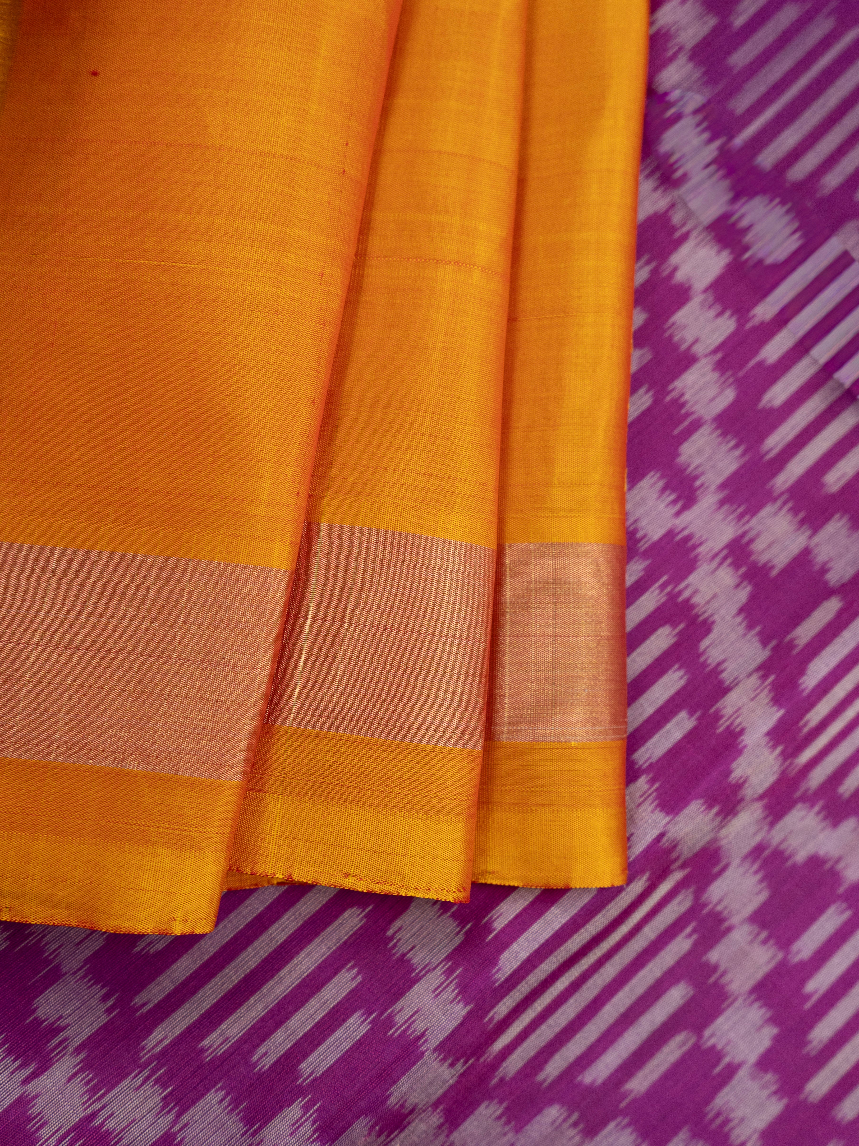 Pure Pochampally Silk Saree in Pink with Geometric Ikat Weaving & Contrast Orange Ikat Pallu