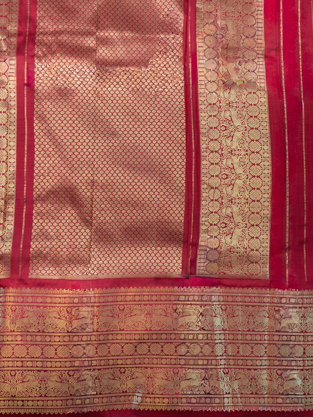 Pure Pochampally Double Ikat Silk Saree with Kanjivaram Border, Deep Red Designer Pallu