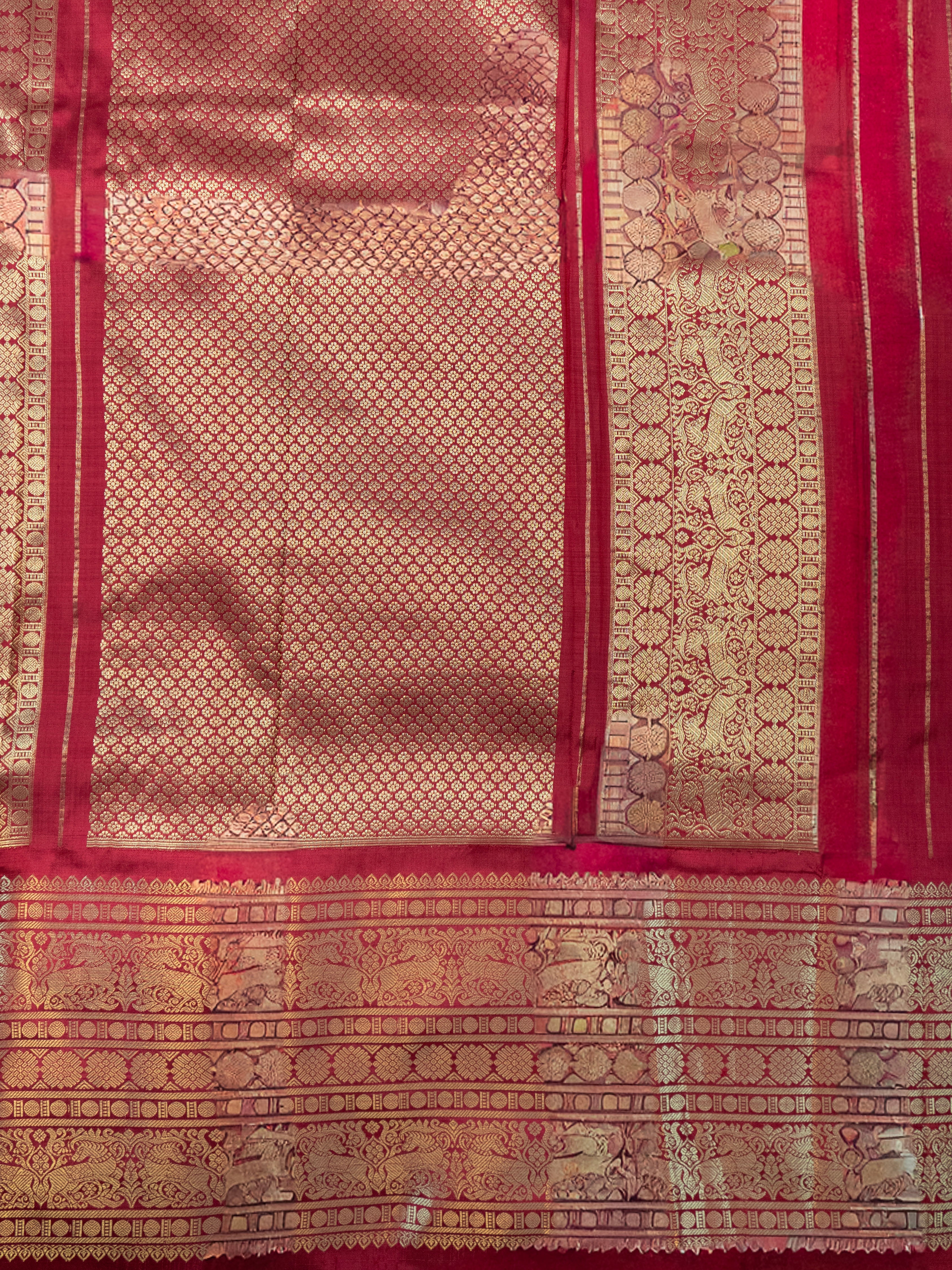 Pure Pochampally Double Ikat Silk Saree with Kanjivaram Border, Deep Red Designer Pallu