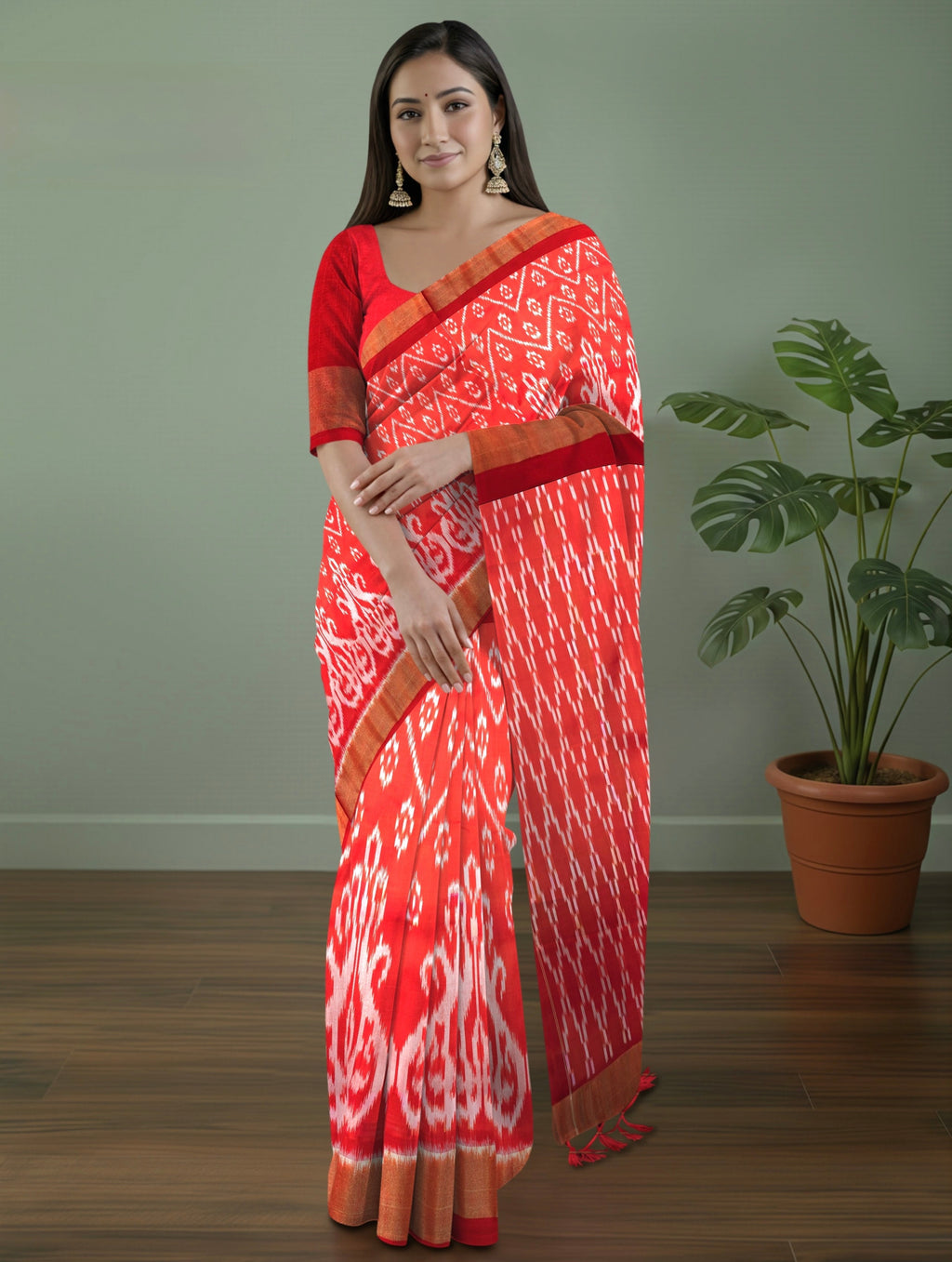 Pure Pochampally Double Ikat Red Silk Saree with Ikat Pallu & Golden Zari Blouse