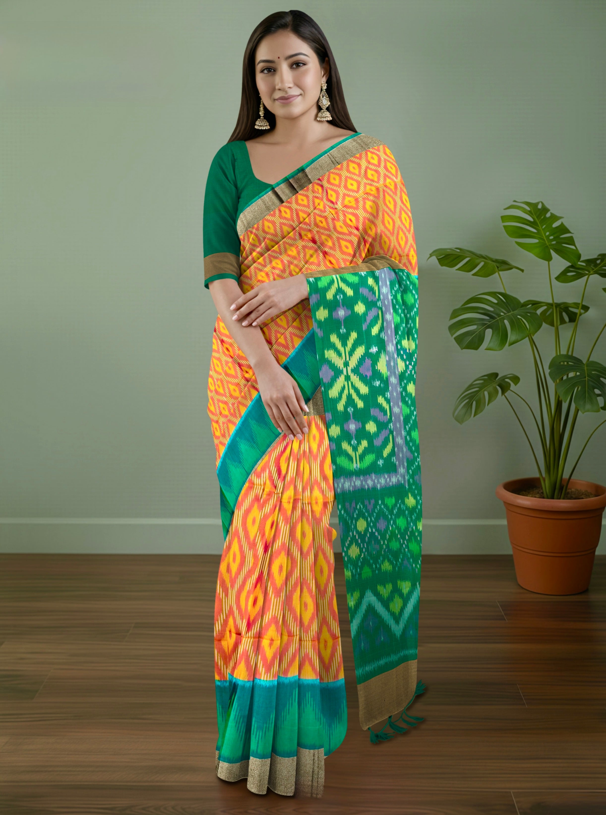 Pure Pochampally Silk Saree in Orange with Green Ikat Pallu & Multicolor Weaving