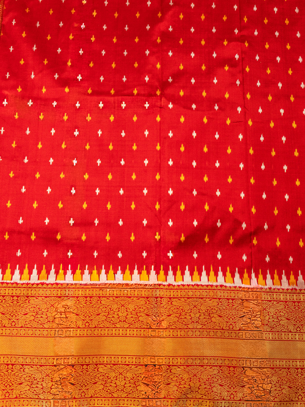 Pure Pochampally Ikat Silk Saree in Dark Green with Kanchivaram Border & Deep Red Zari Pallu