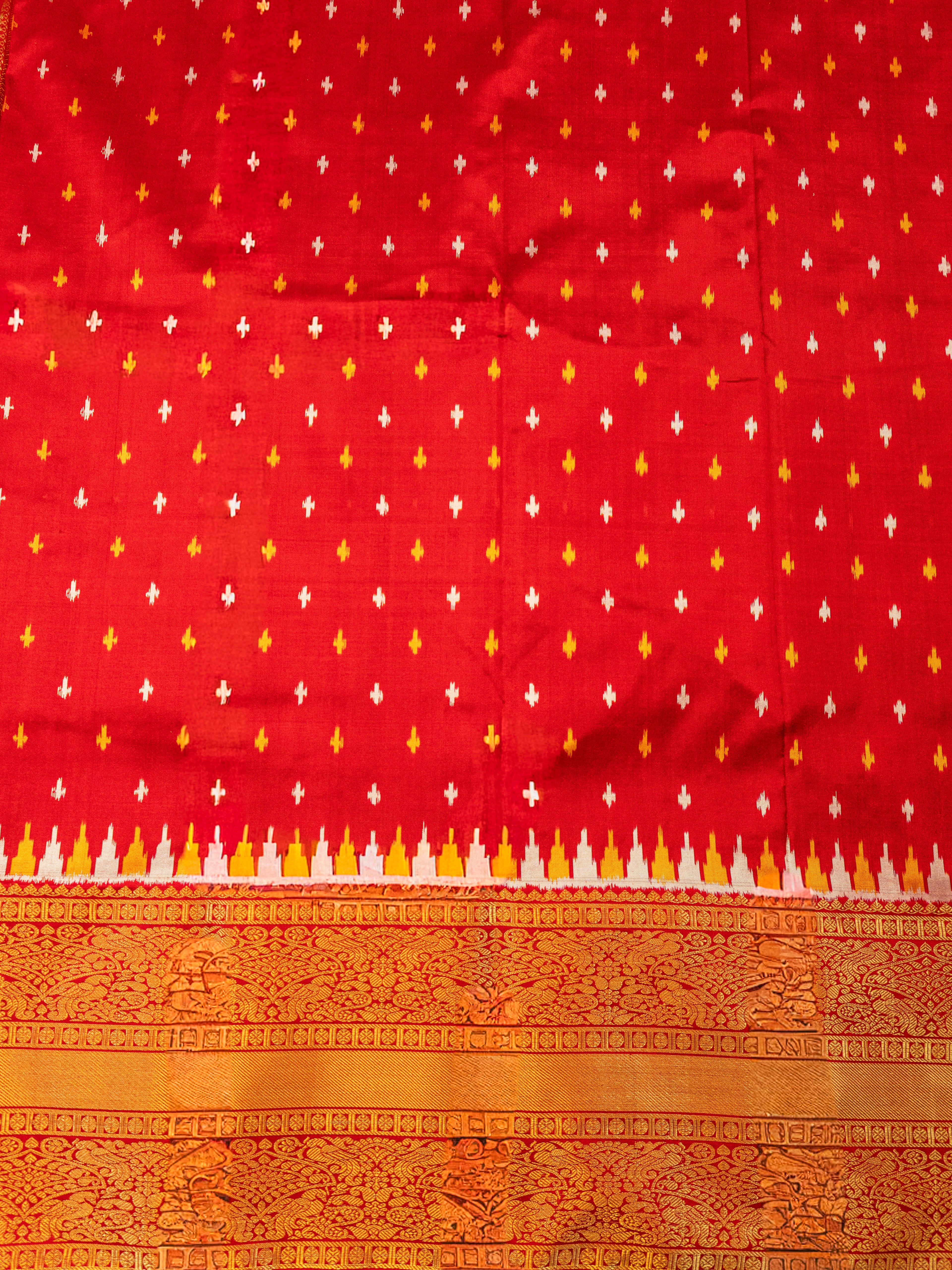 Pure Pochampally Ikat Silk Saree in Dark Green with Kanchivaram Border & Deep Red Zari Pallu
