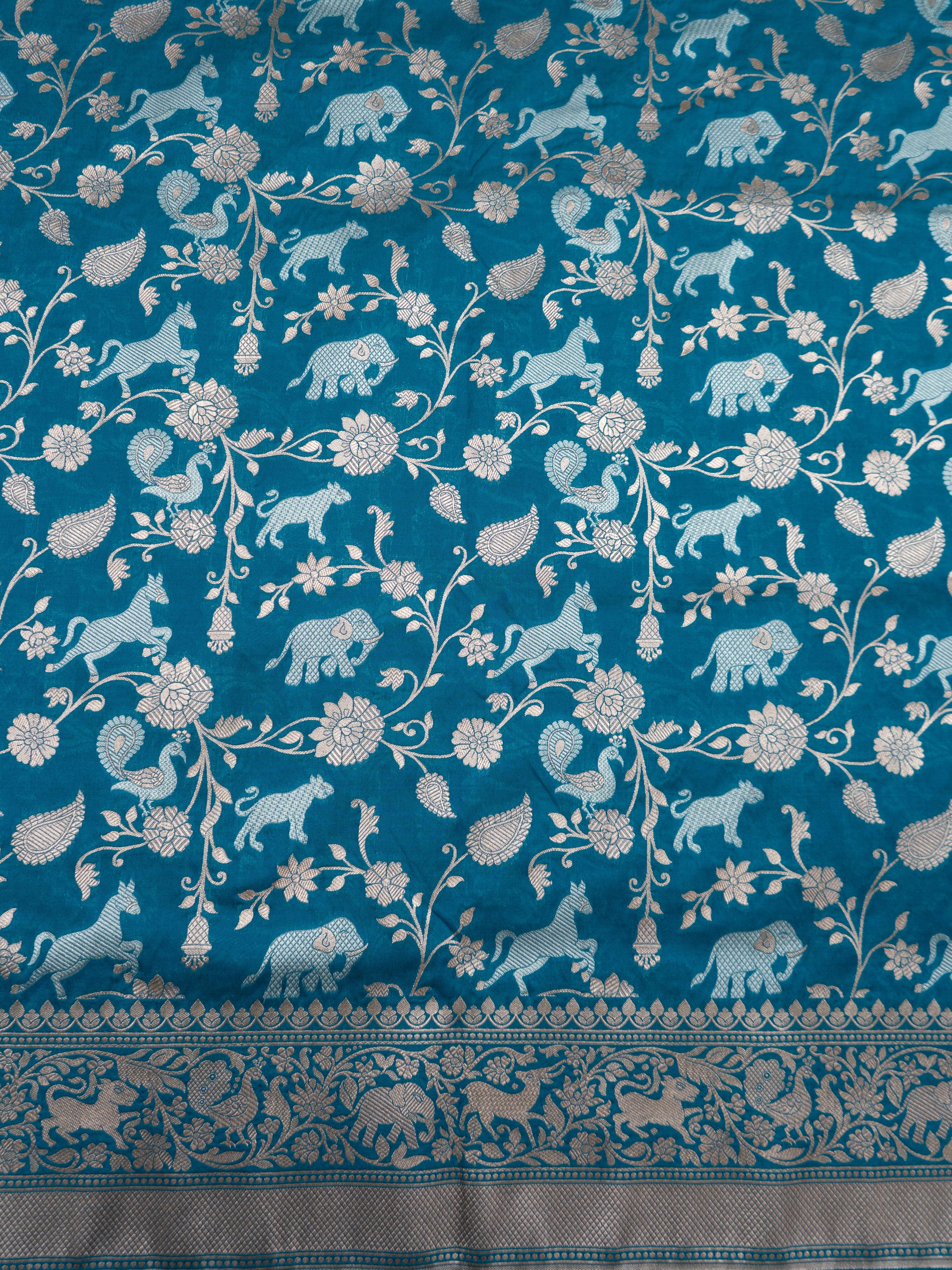 Pure Banarasi Katan Silk Saree with Elephant & Animal Motif Weaving and Silver Zari