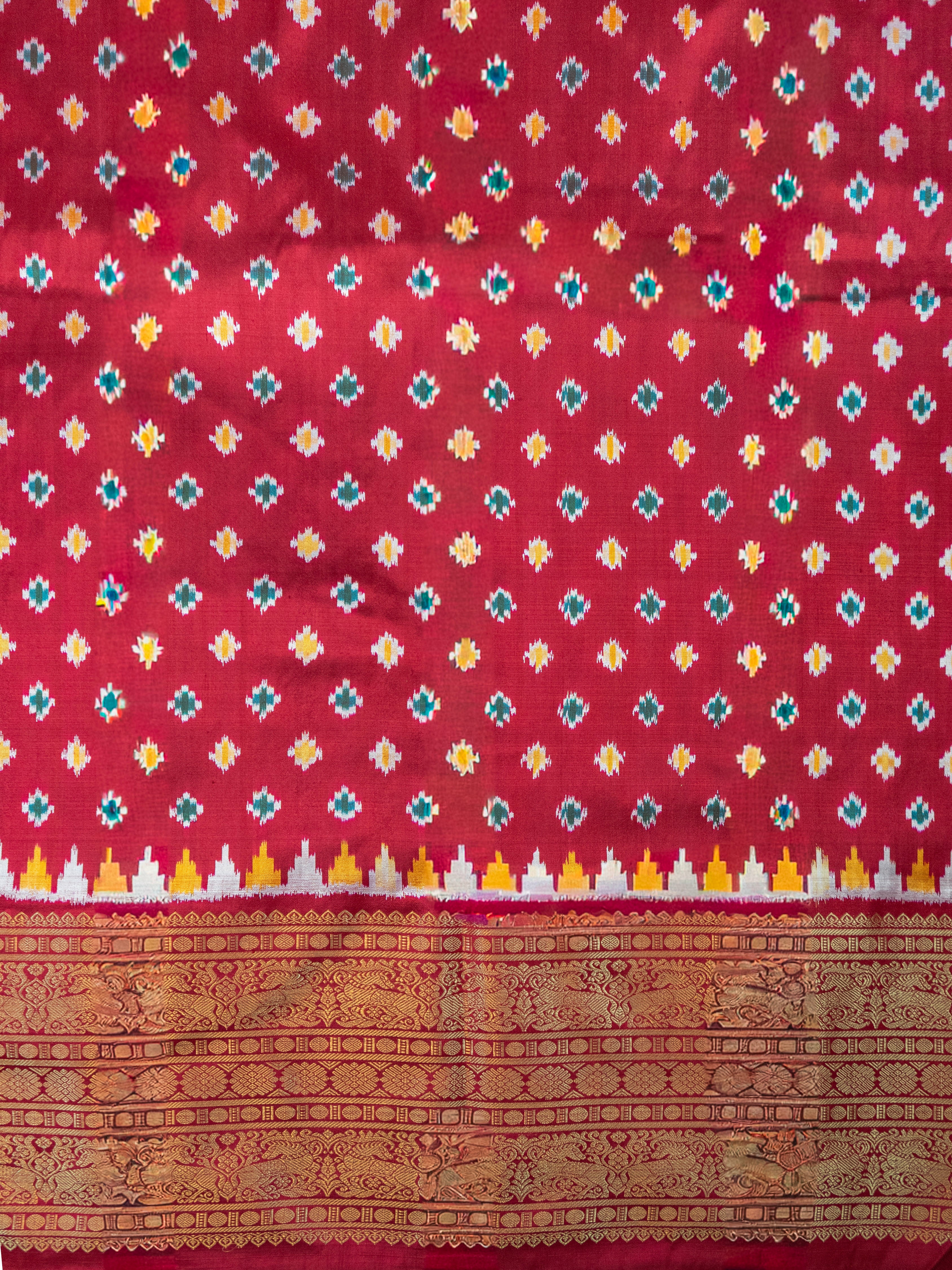 Pure Pochampally Double Ikat Silk Saree with Kanjivaram Border, Deep Red Designer Pallu