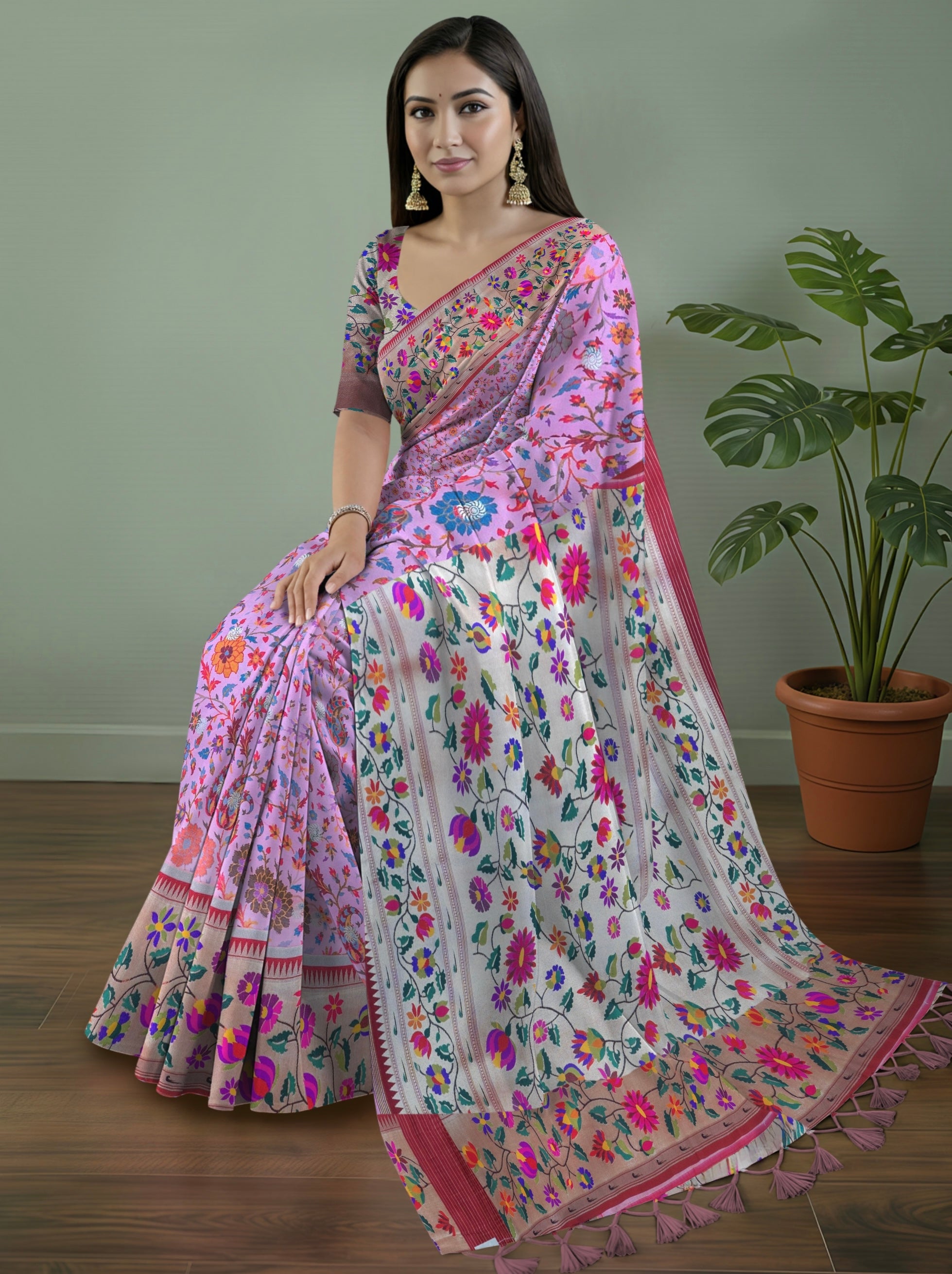 Pure Maharashtrian Patni Silk Saree in Pink with Floral Print & Silver Zari Pallu