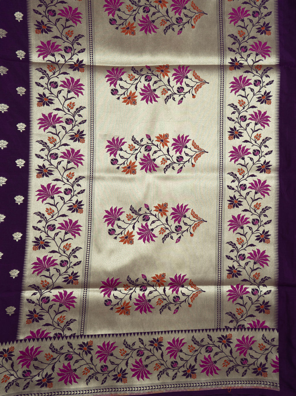 Pure Banarasi Katan Silk Saree in Deep Violet with Multicolor Floral Zari & Rich Zari Pallu