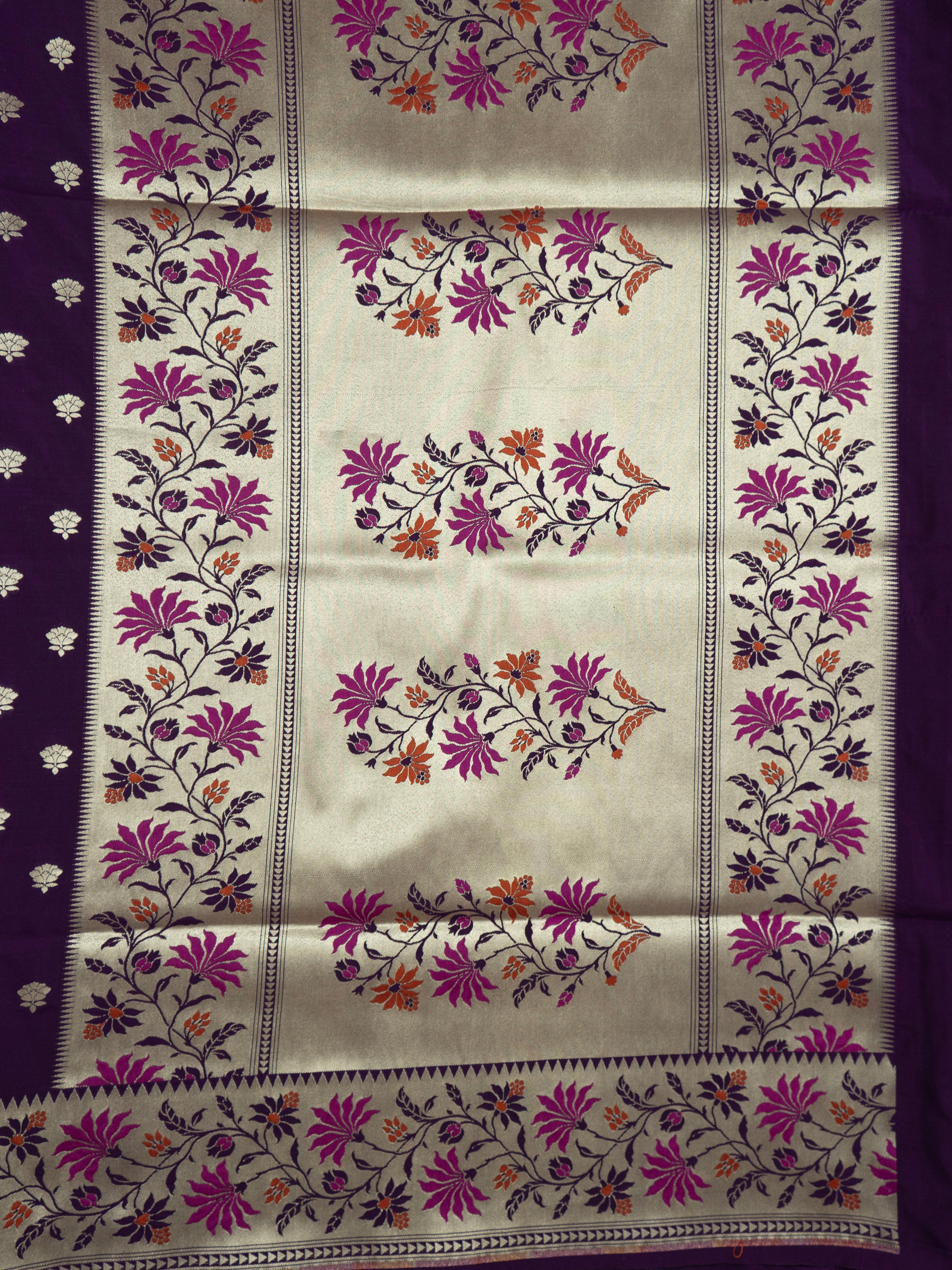 Pure Banarasi Katan Silk Saree in Deep Violet with Multicolor Floral Zari & Rich Zari Pallu