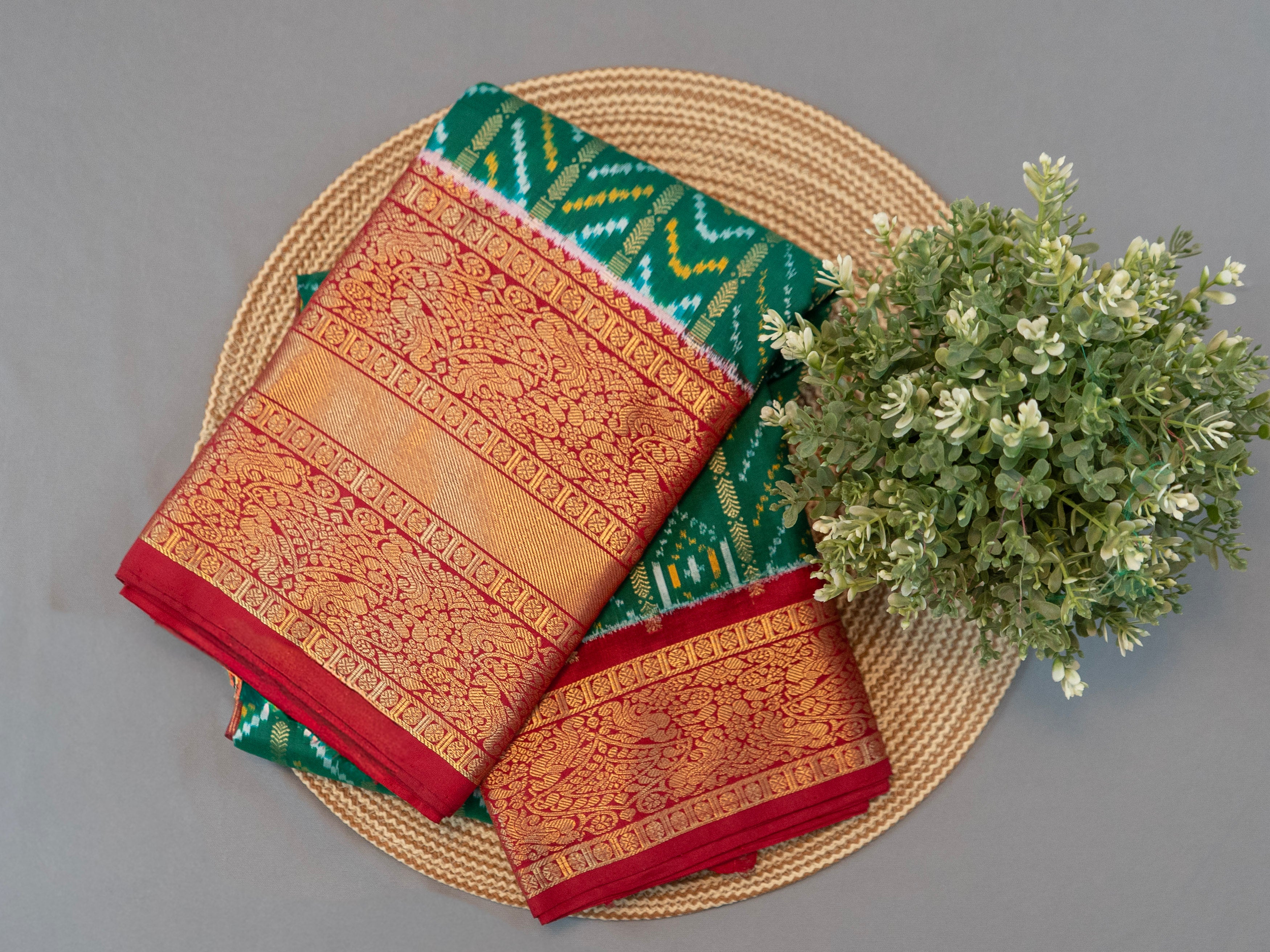 Pure Pochampally Ikat Silk Saree in Dark Green with Kanchivaram Border & Deep Red Zari Pallu