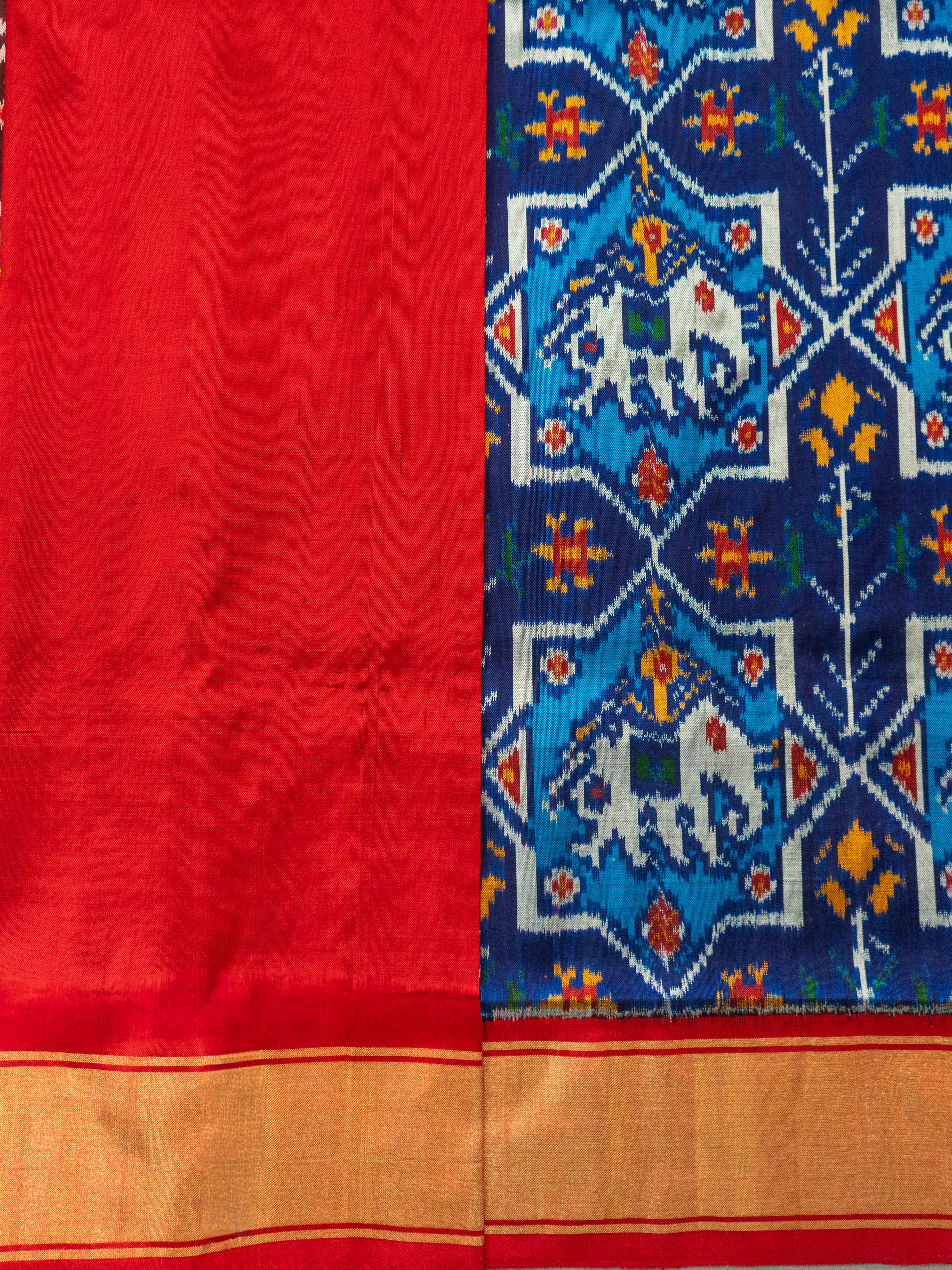 Pure Pochampally silk saree in Blue double ikkat with designer pallu and contrast Blouse