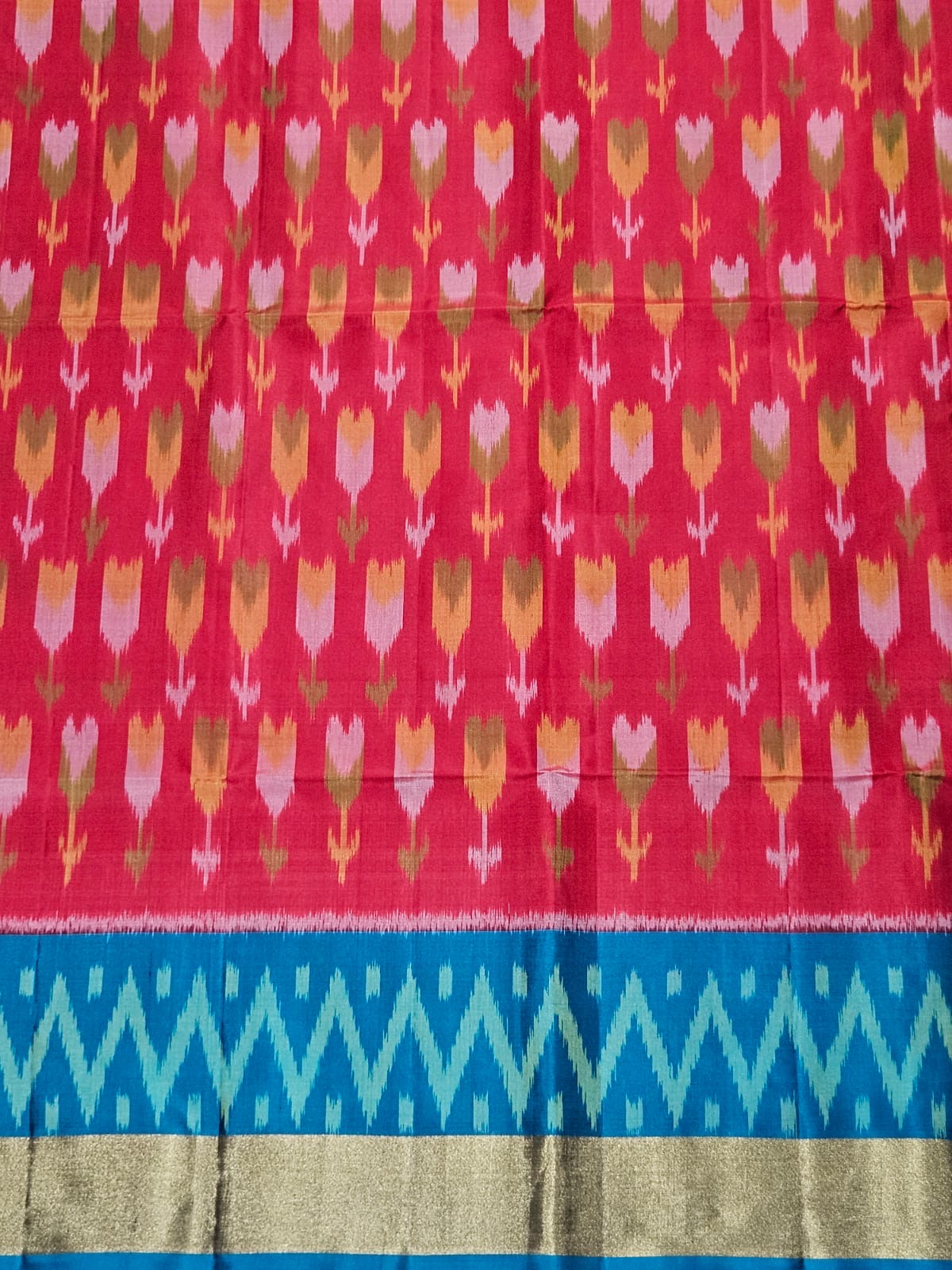 Pure Pochampally Silk Saree in Red with Lotus Ikat Weaving & Contrast Blue Ikat Pallu