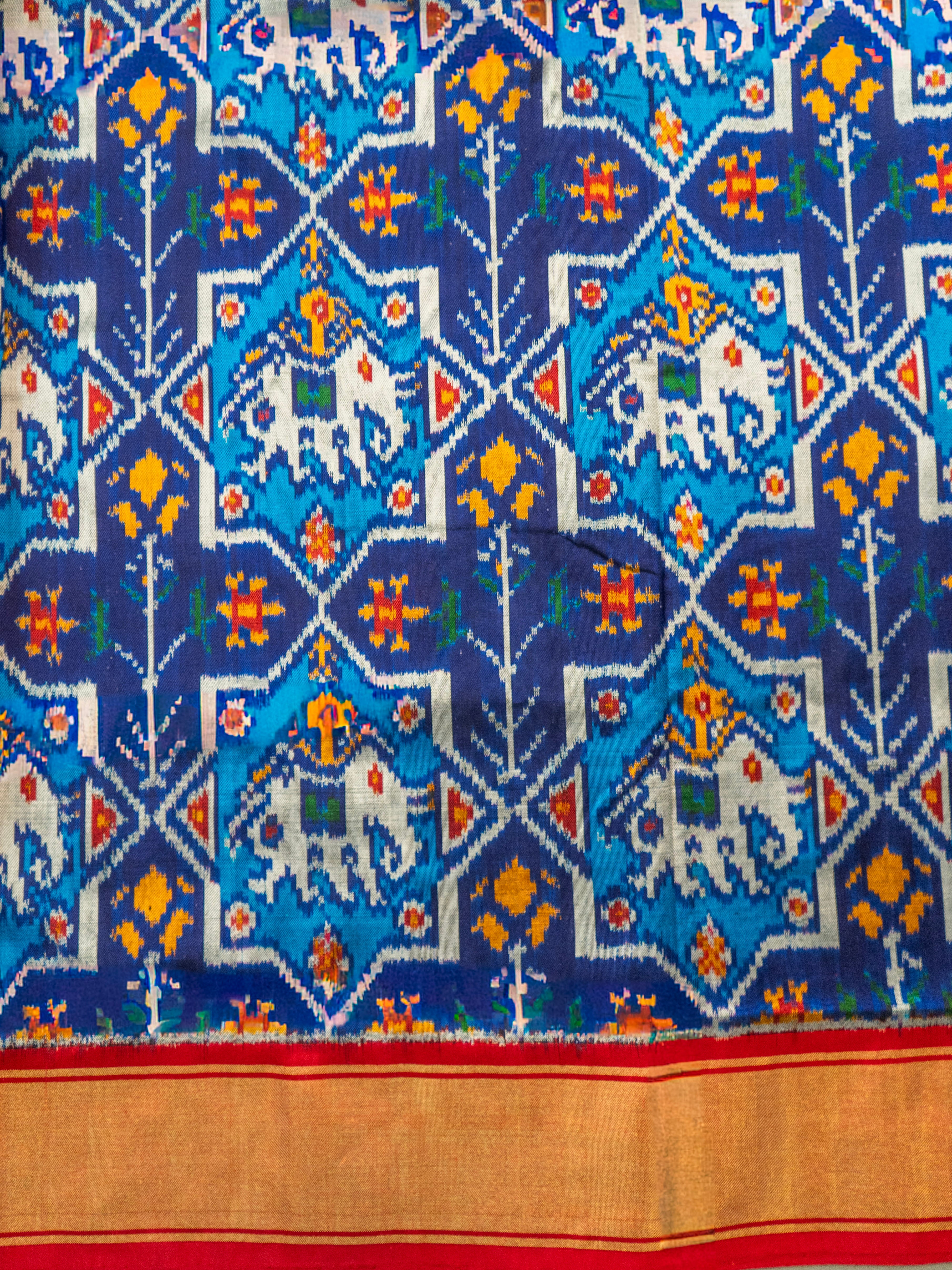 Pure Pochampally silk saree in Blue double ikkat with designer pallu and contrast Blouse