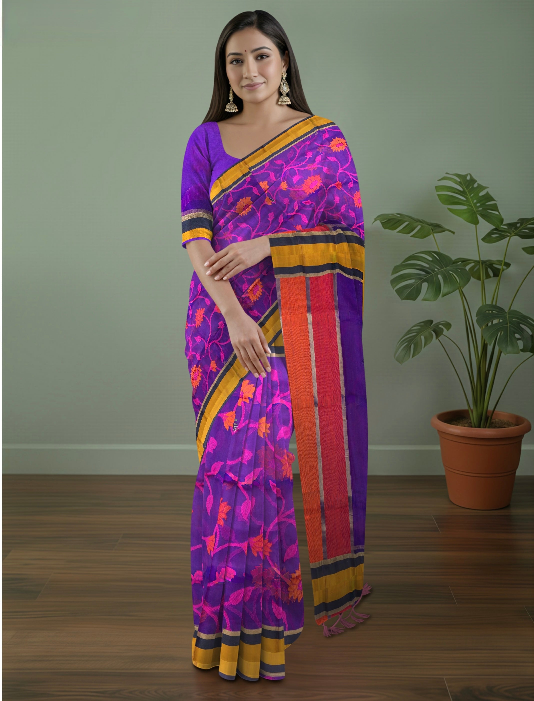 Pure Upada Handloom Silk Saree in Purple with Floral Weaving & Designer Line Pallu