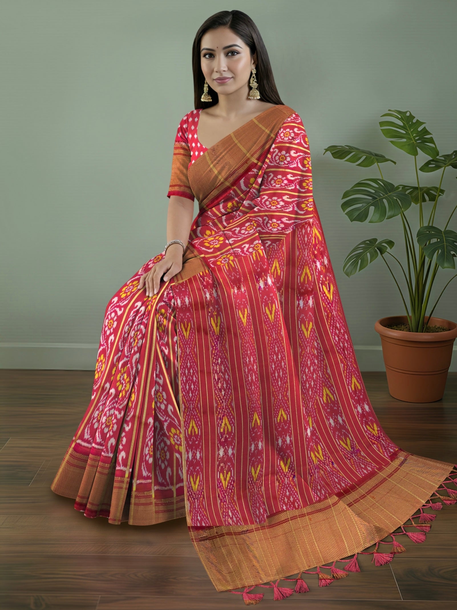 Pure Pochampally Double Ikat Silk Saree in Deep Red with Multicolour Ikat & Gold Zari