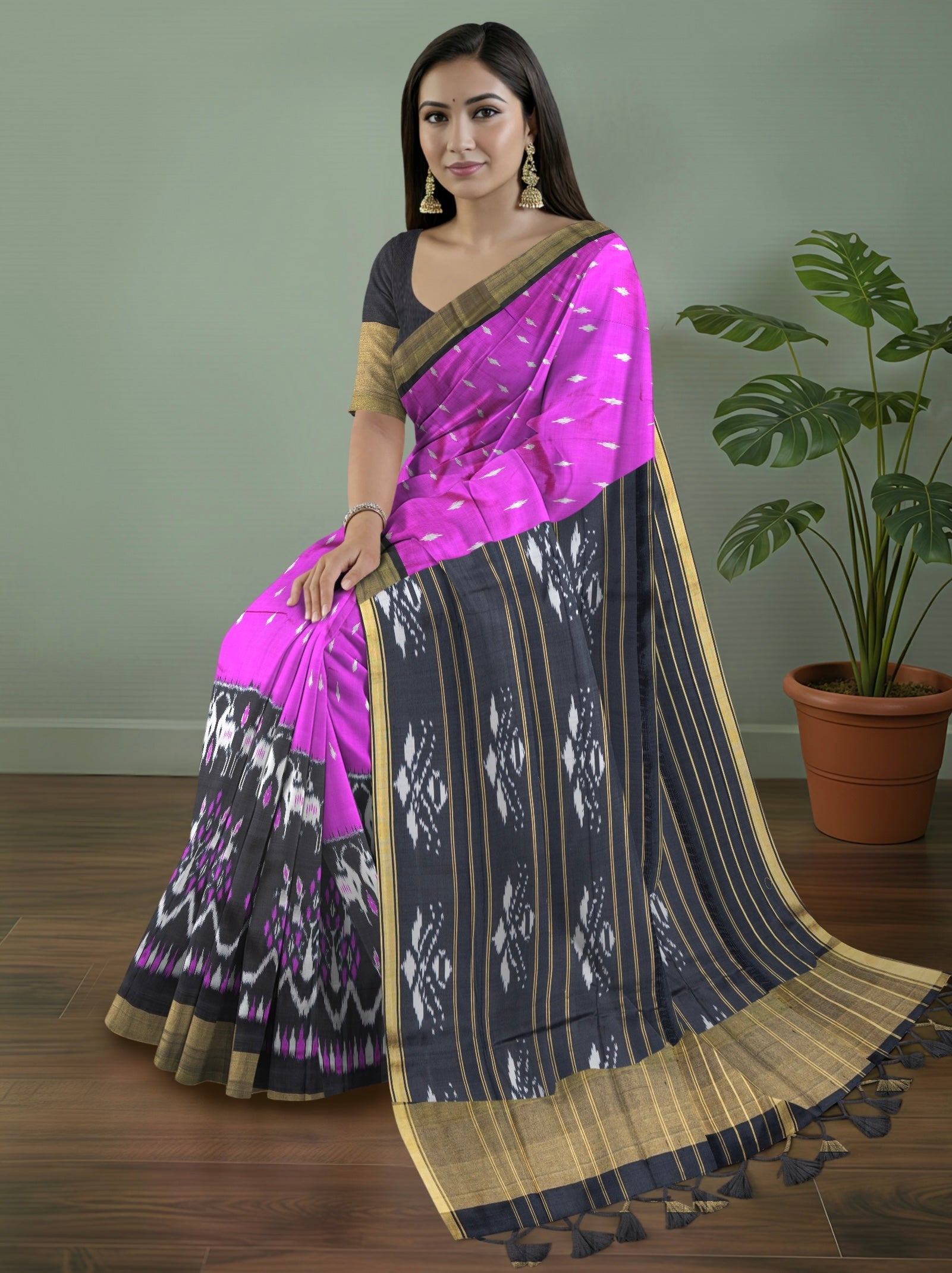Pure Pochampally Double Ikat Pink Silk Saree with Black Designer Ikat Pallu & Gold Zari Border