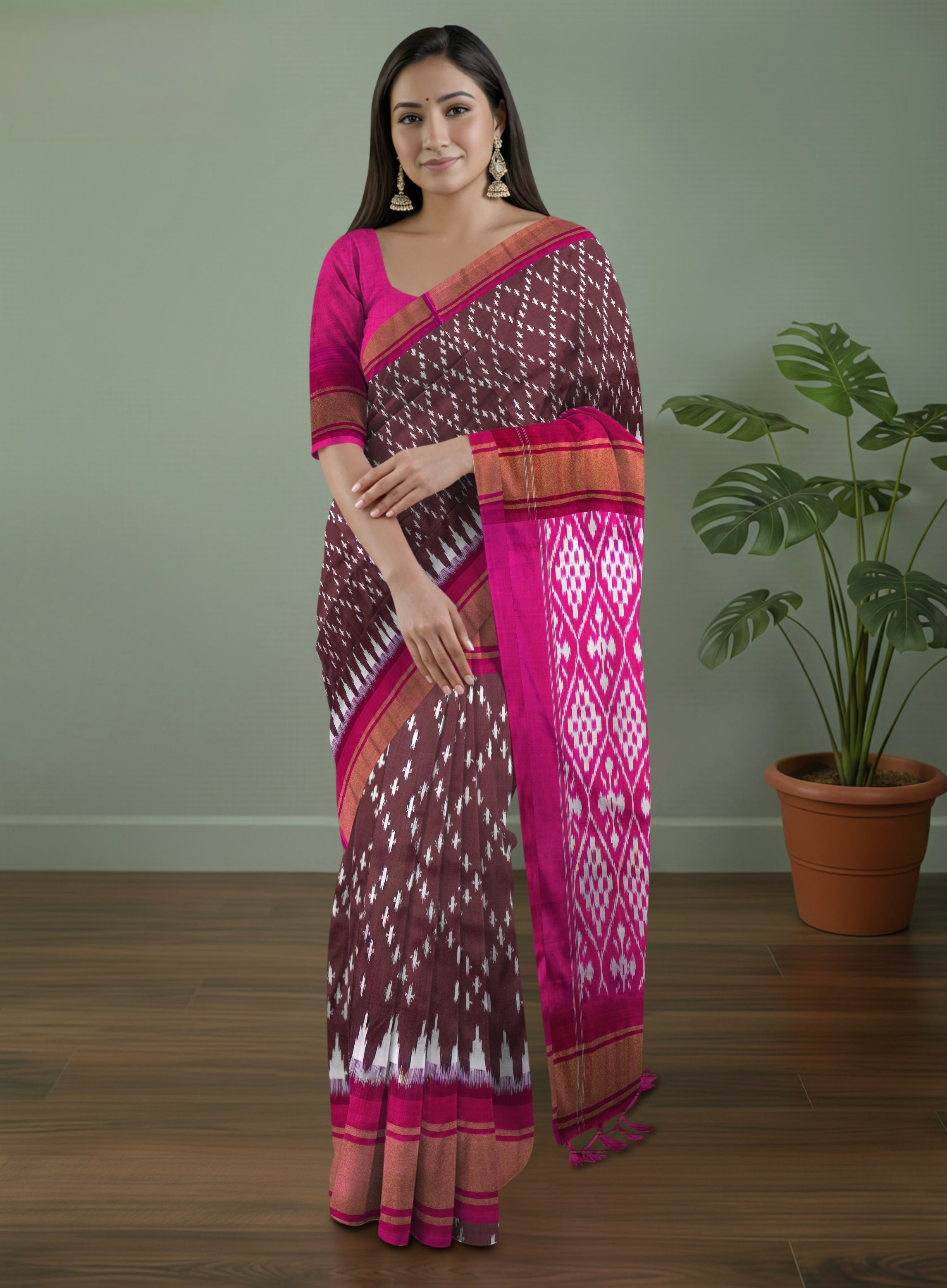 Pure Pochampally Silk Saree in Brown with Ikat Weaving & Contrast Pink Pallu