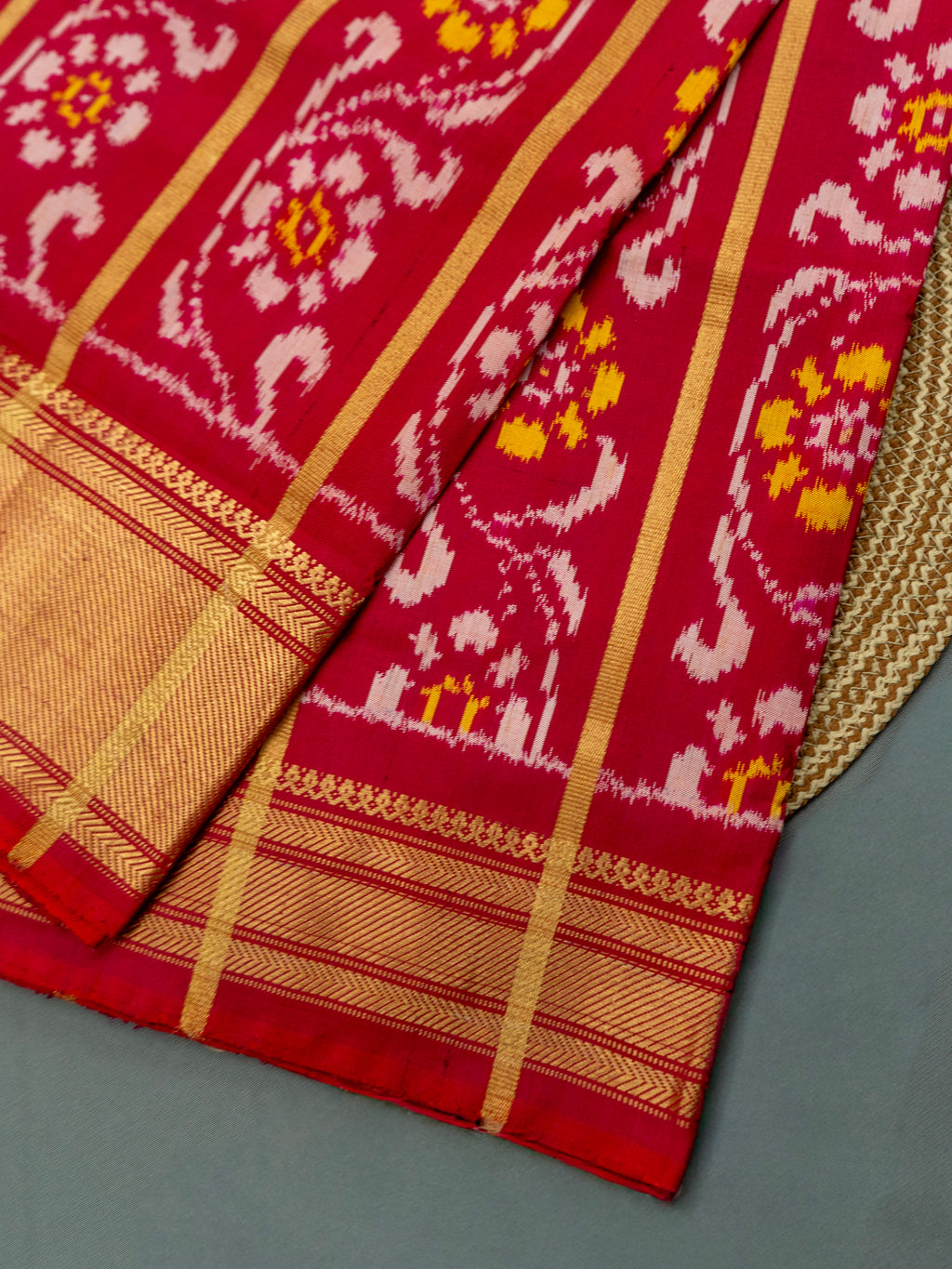 Pure Pochampally Double Ikat Silk Saree in Deep Red with Multicolour Ikat & Gold Zari