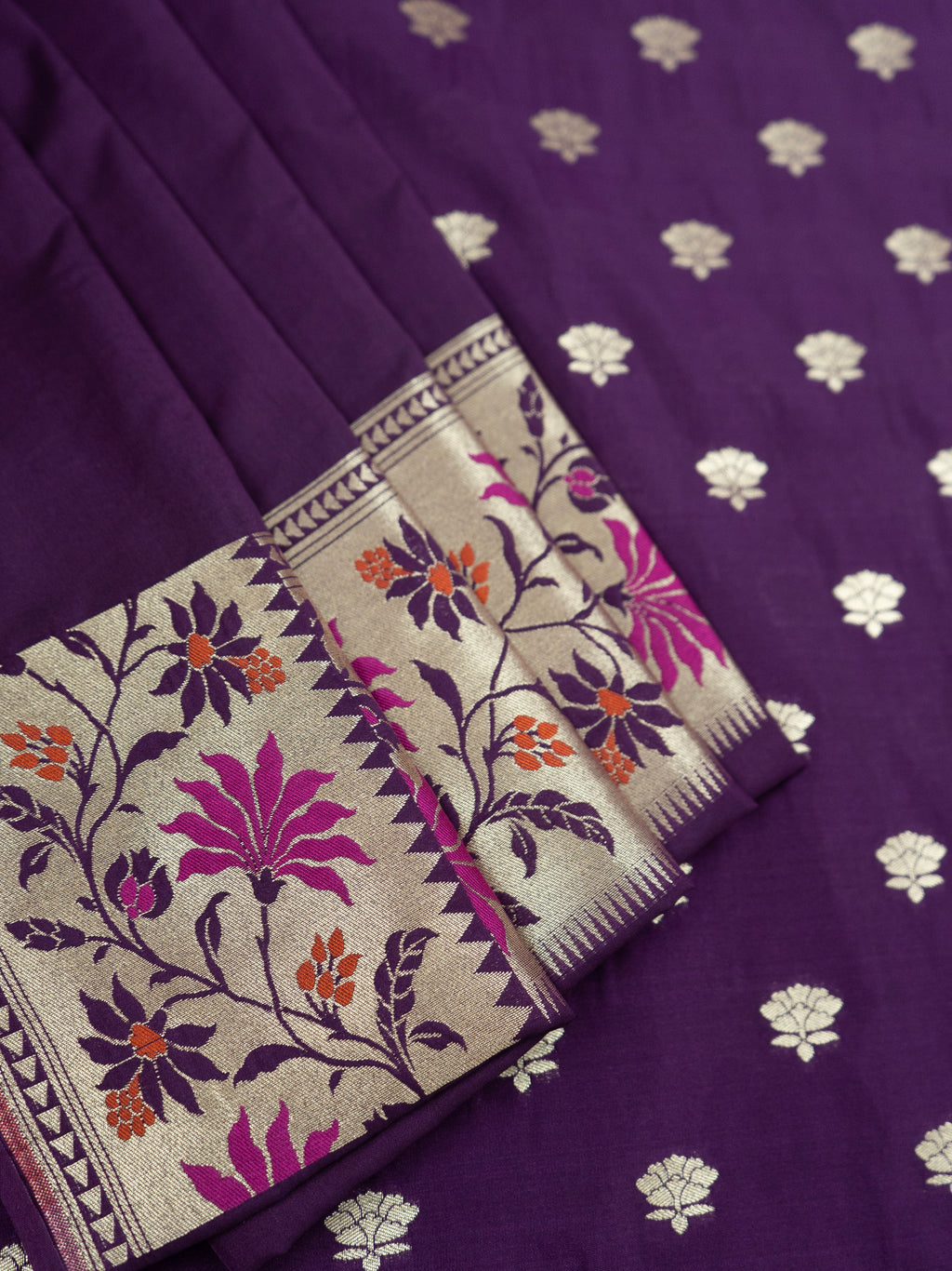 Pure Banarasi Katan Silk Saree in Deep Violet with Multicolor Floral Zari & Rich Zari Pallu