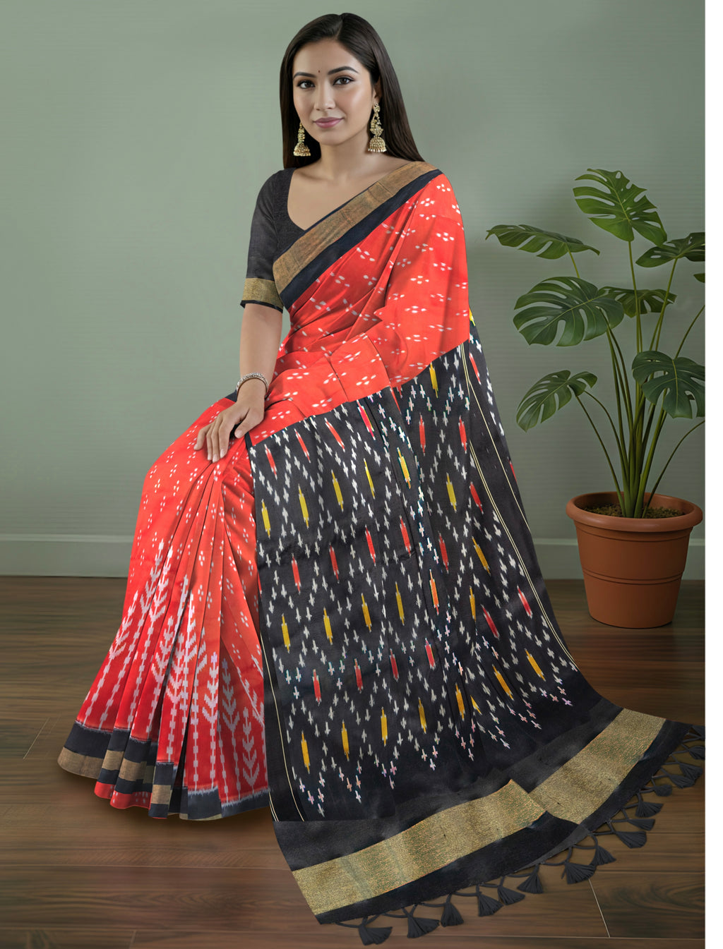 Pure Pochampally Silk Saree in Red with Black Ikat Pallu & Golden Zari
