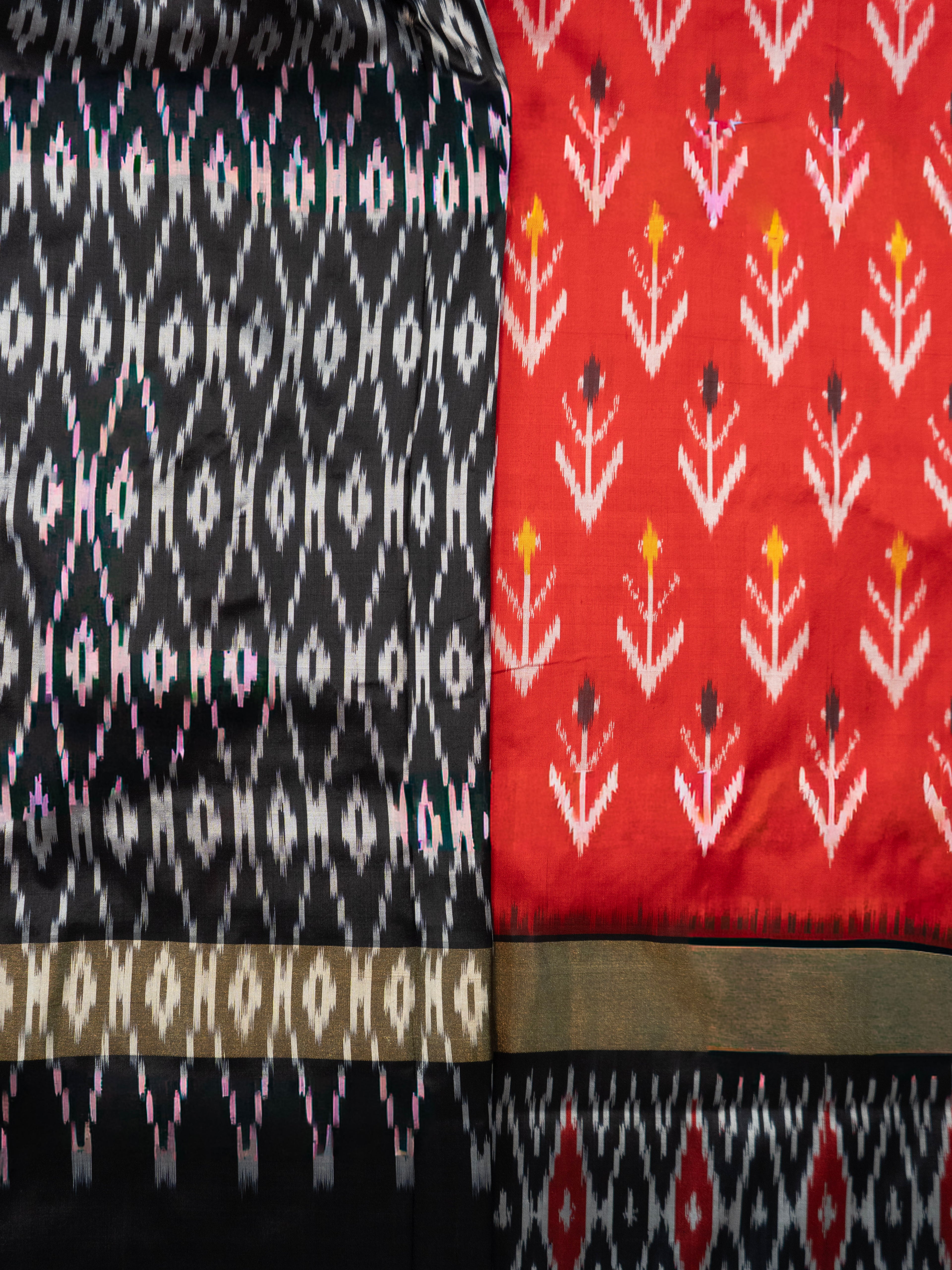 Pure Pochampally Silk Double Ikat Saree in Red with Black Pallu