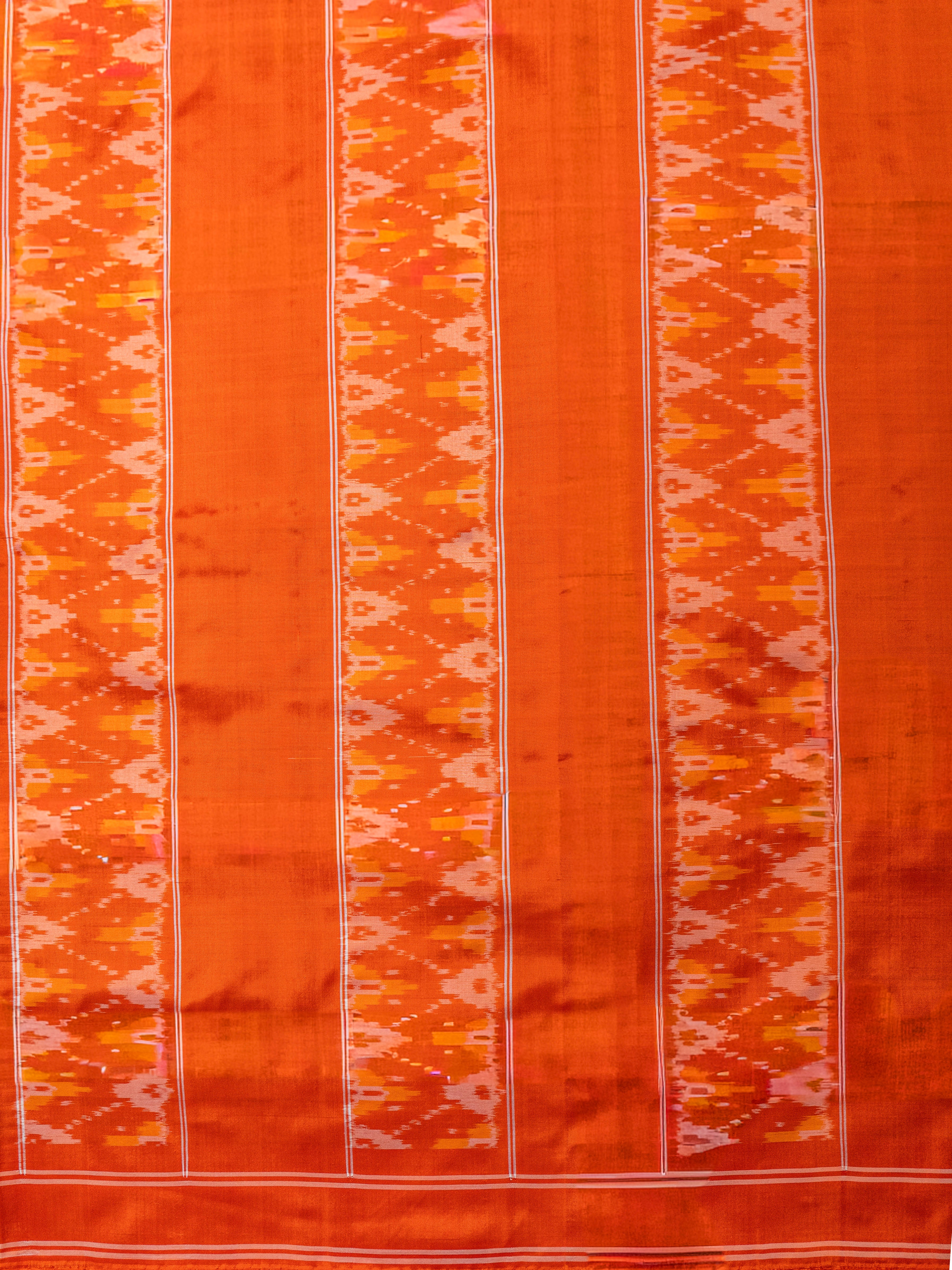 Pure Pochampally Silk Saree in Black with Orange Ikat Pallu & Border