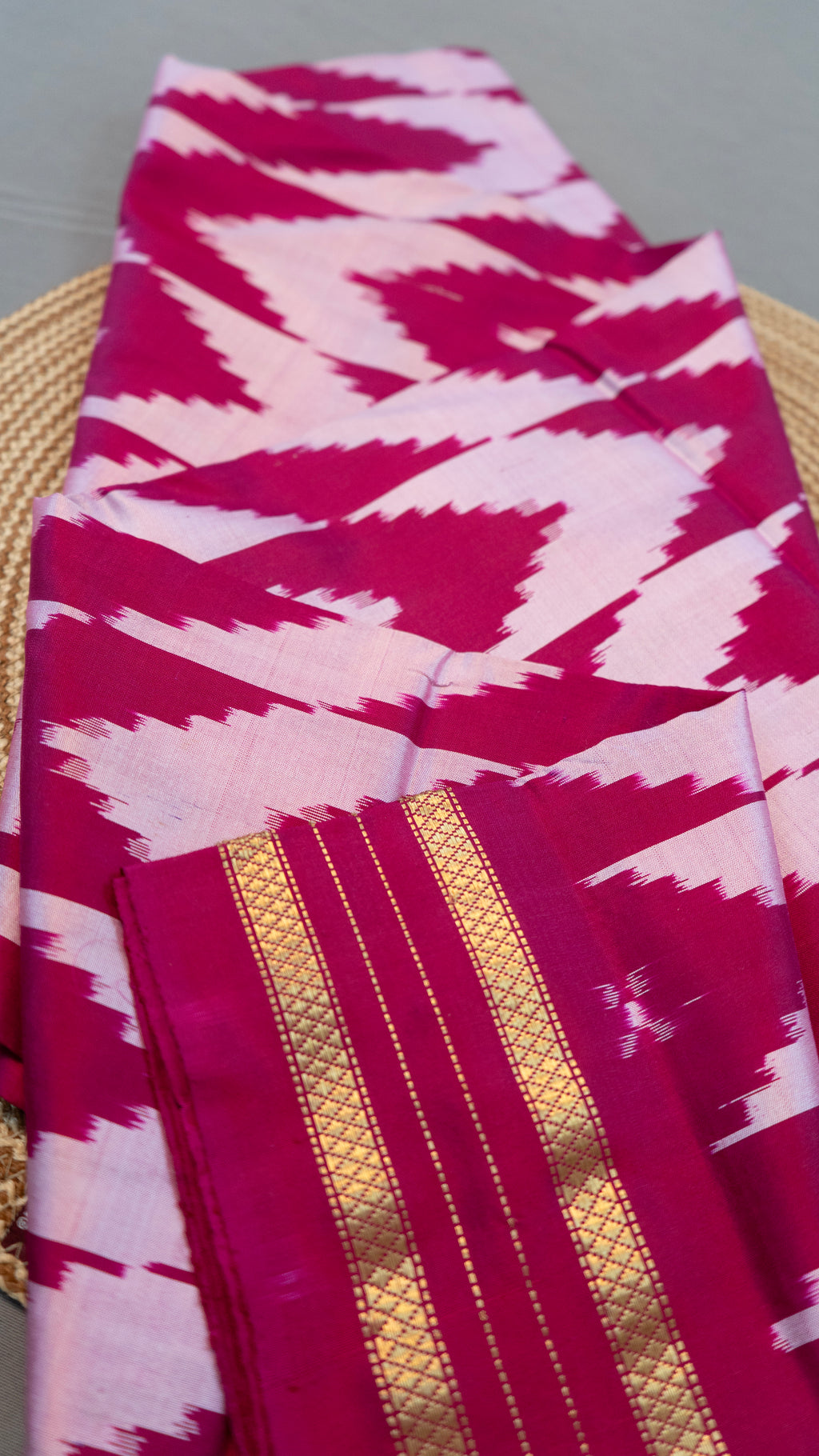 Pure Pochampally Double Ikat Silk Saree in Pink with Ikat Pallu, Golden Zari & Plain Blouse