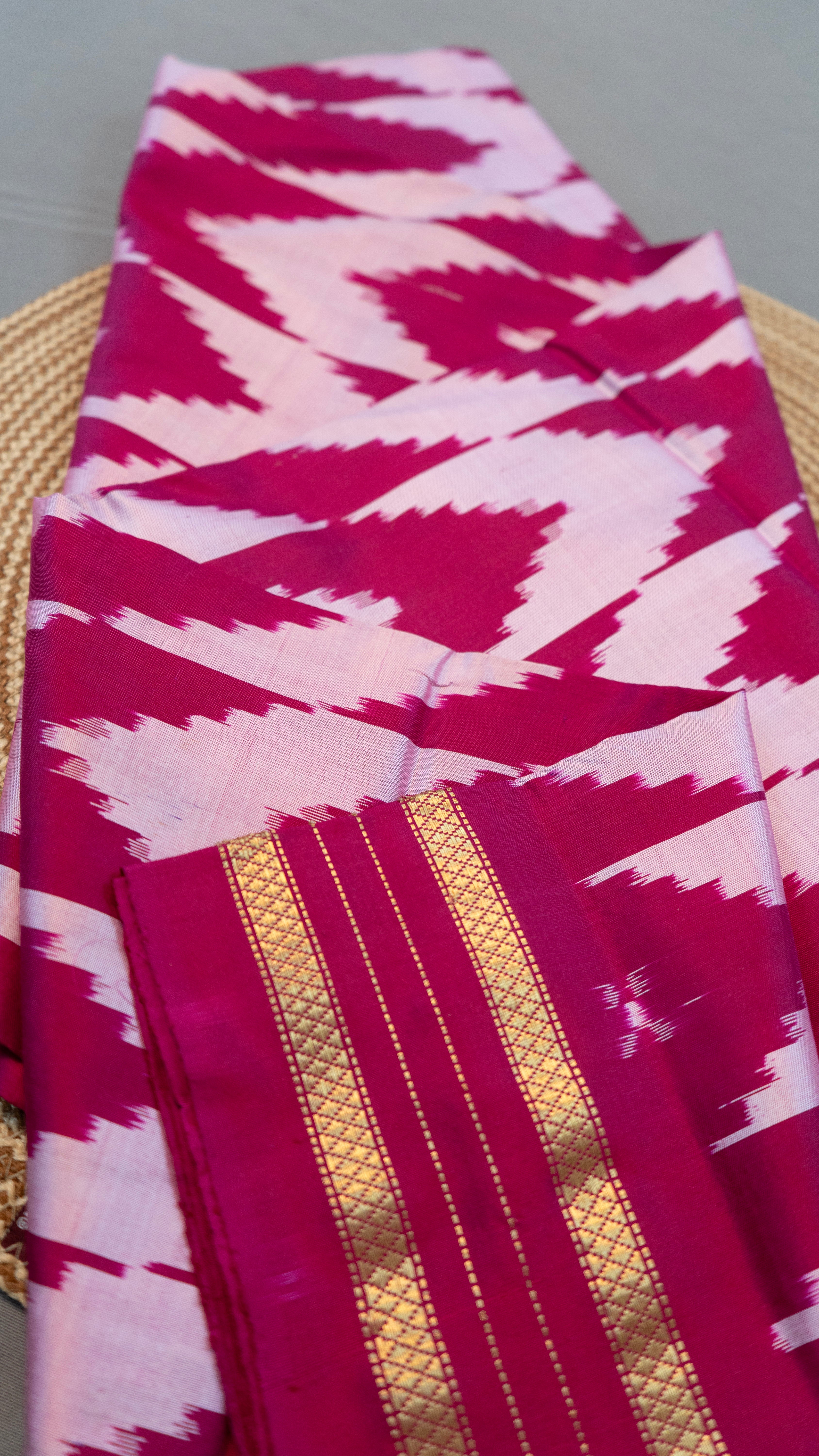 Pure Pochampally Double Ikat Silk Saree in Pink with Ikat Pallu, Golden Zari & Plain Blouse