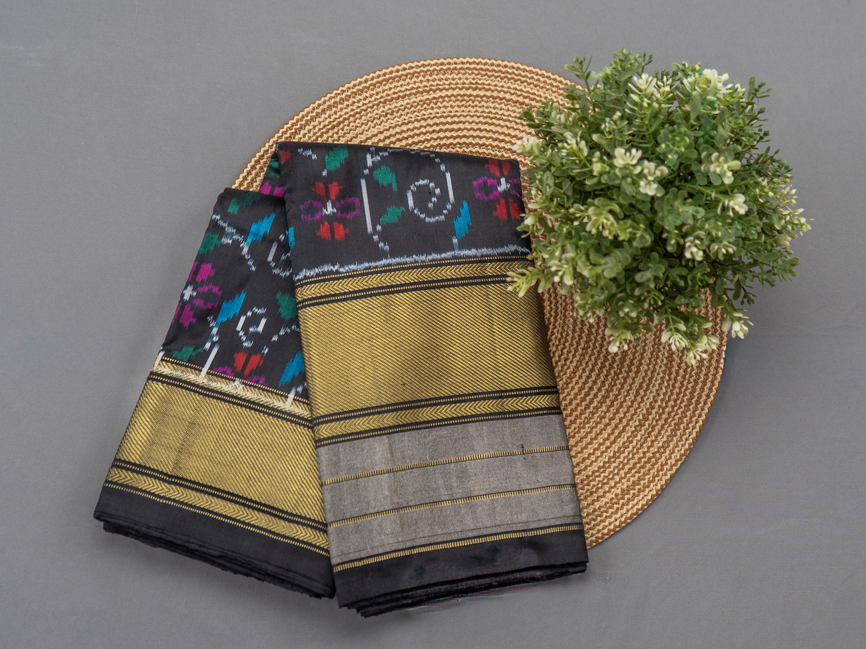 Pure Pochampally Kanjivaram Ikat Silk Saree with Gold Zari Border & Floral Ikat Weaving