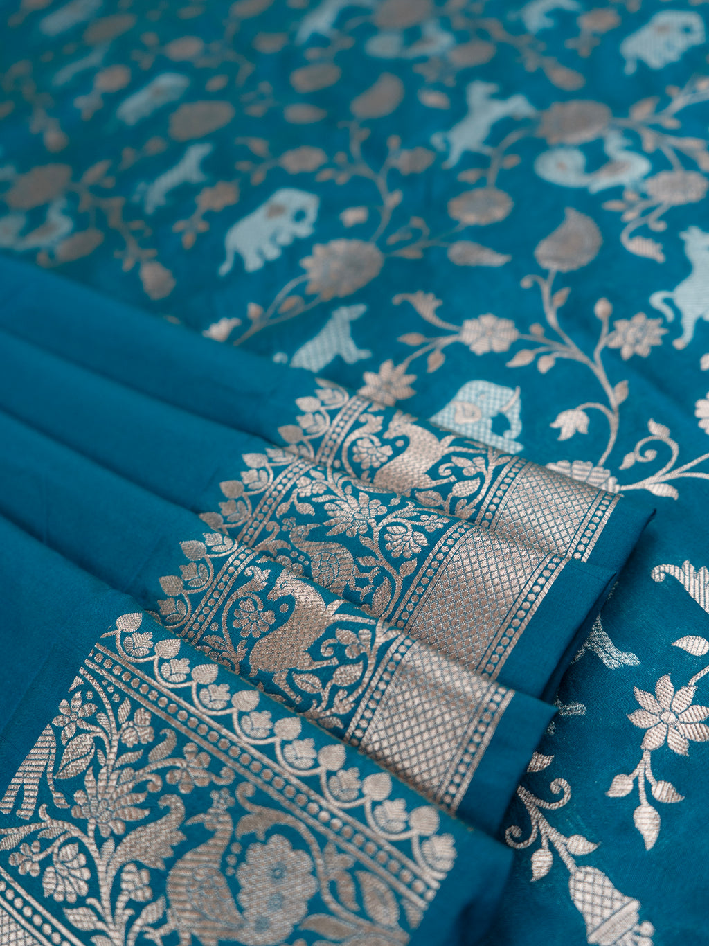 Pure Banarasi Katan Silk Saree with Elephant & Animal Motif Weaving and Silver Zari