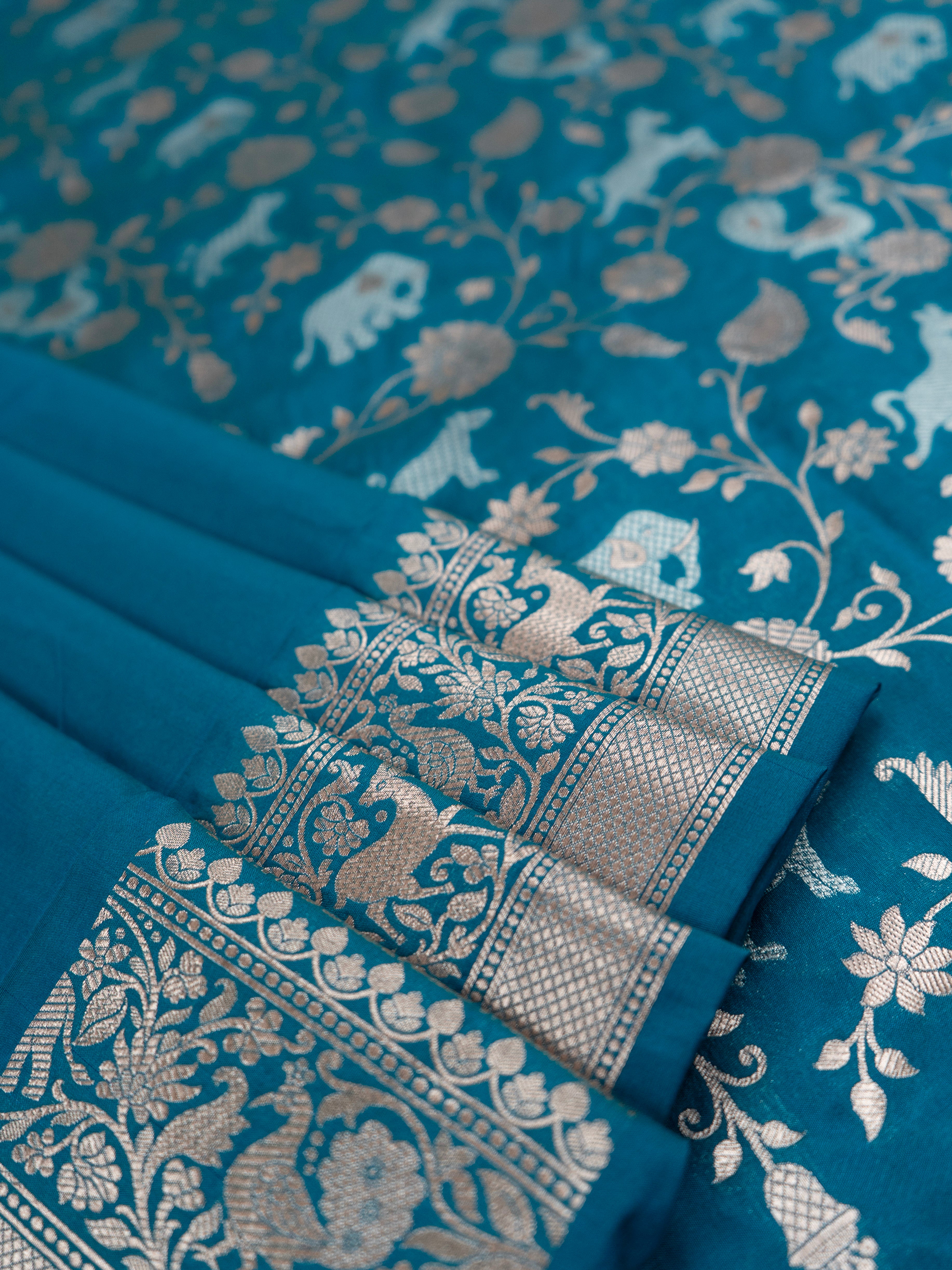 Pure Banarasi Katan Silk Saree with Elephant & Animal Motif Weaving and Silver Zari