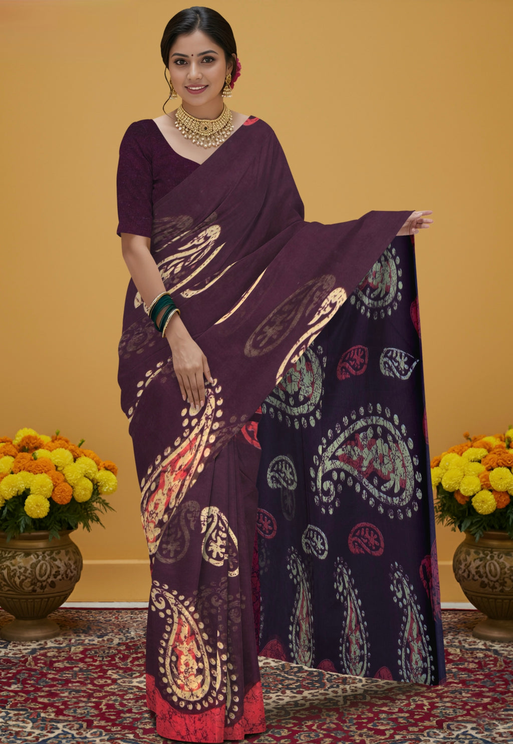 Hand Batik Print Cotton Saree in Rich Maroon Color