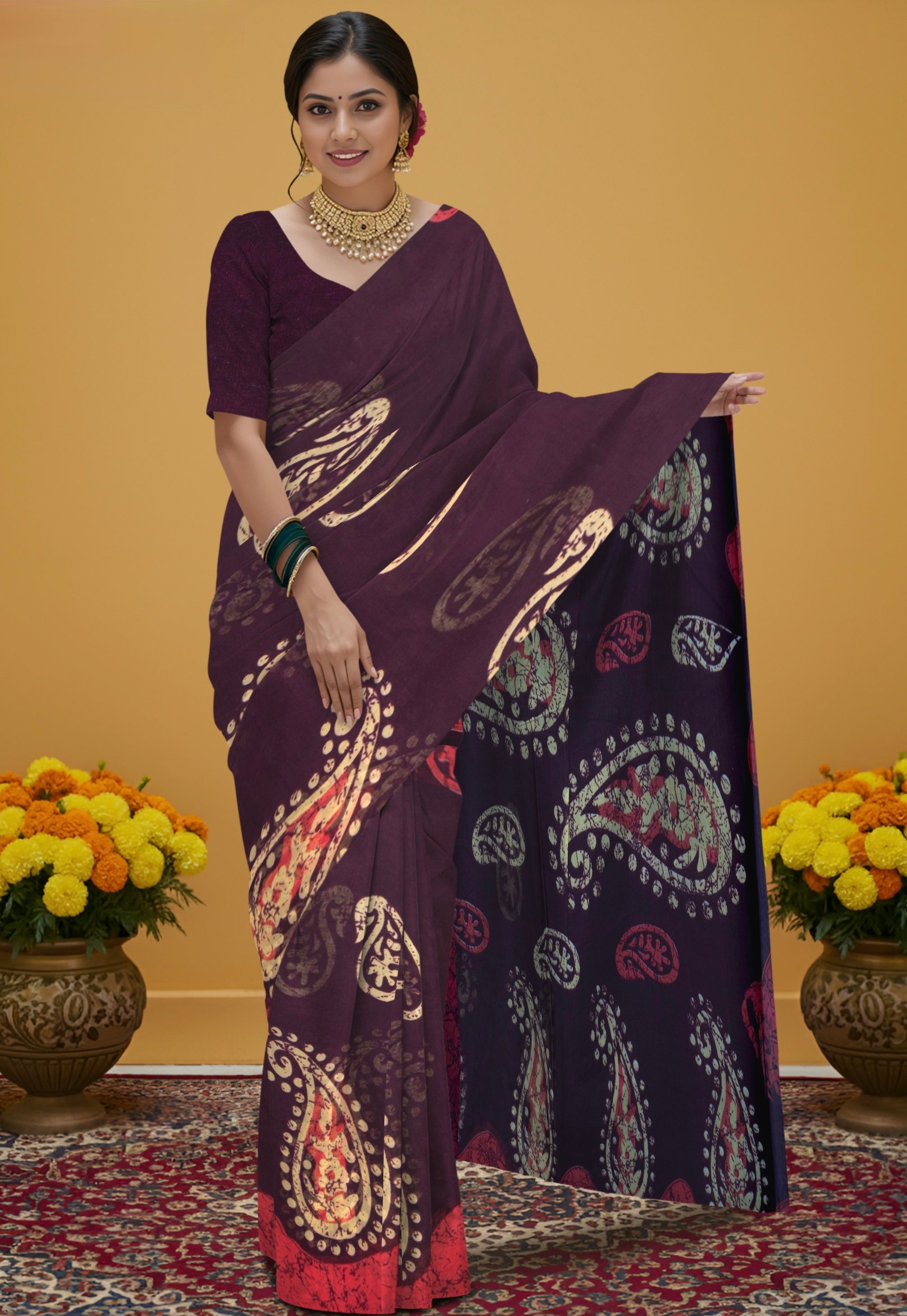 Hand Batik Print Cotton Saree in Rich Maroon Color
