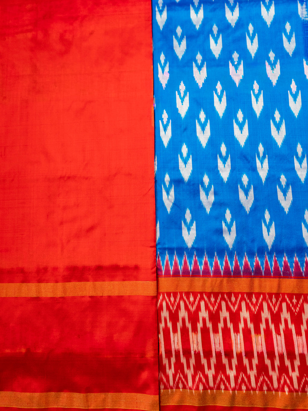Pure Pochampally Double Ikat Blue Silk Saree with Red Ikat & Golden Zari pallu and border