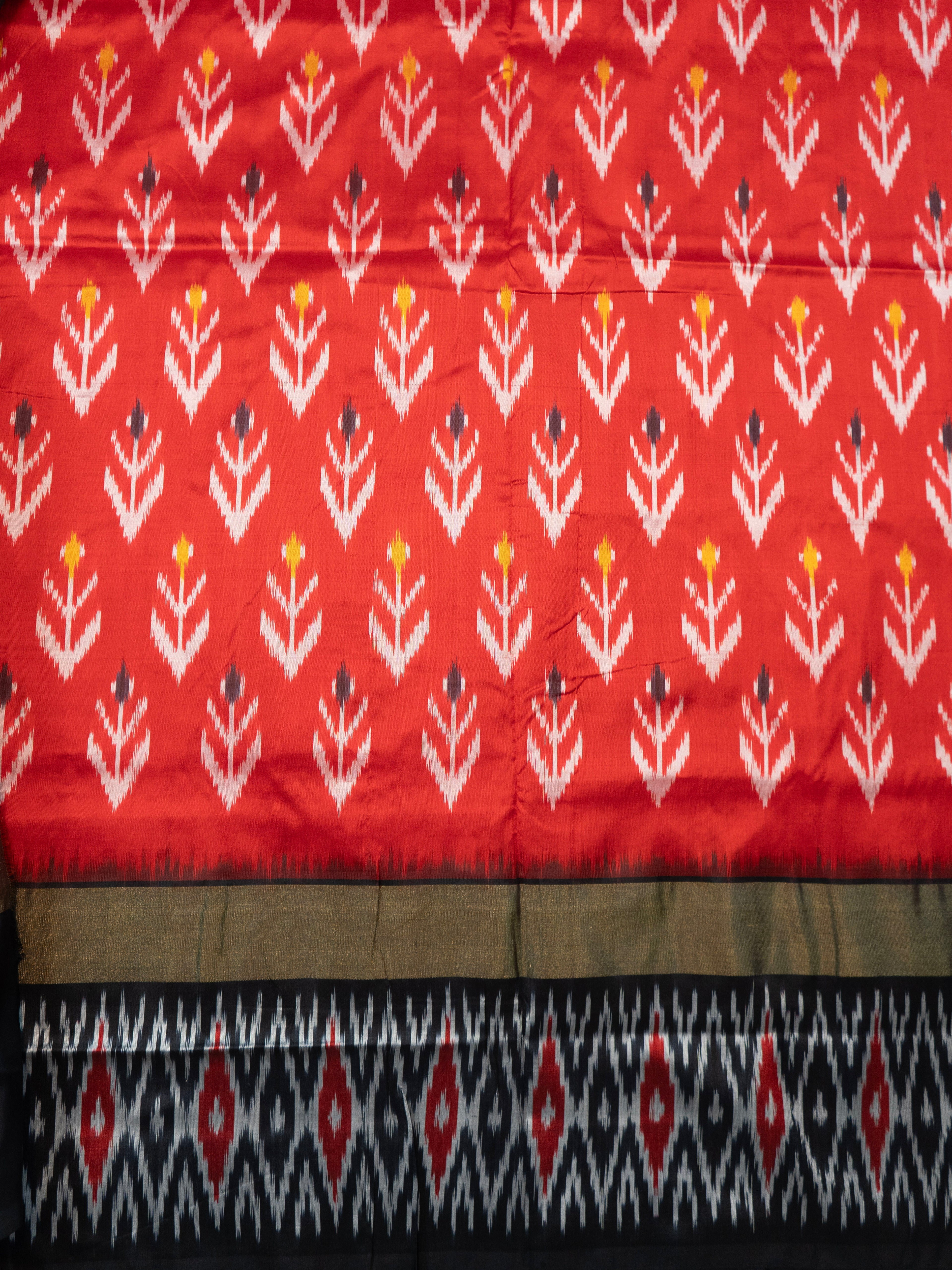 Pure Pochampally Silk Double Ikat Saree in Red with Black Pallu