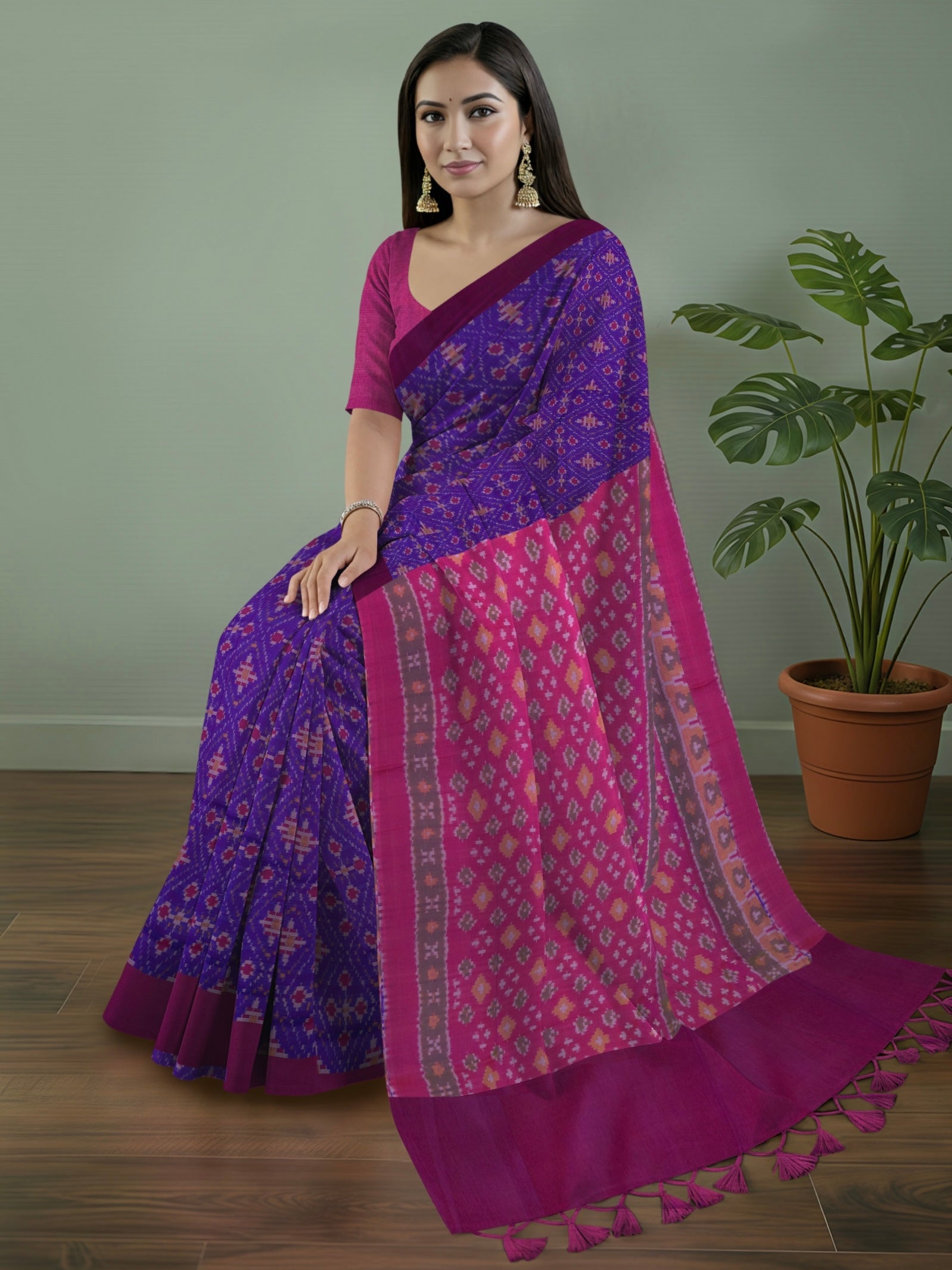 Pure Pochampally Cotton Silk Saree in Purple with Pink Ikat Pallu