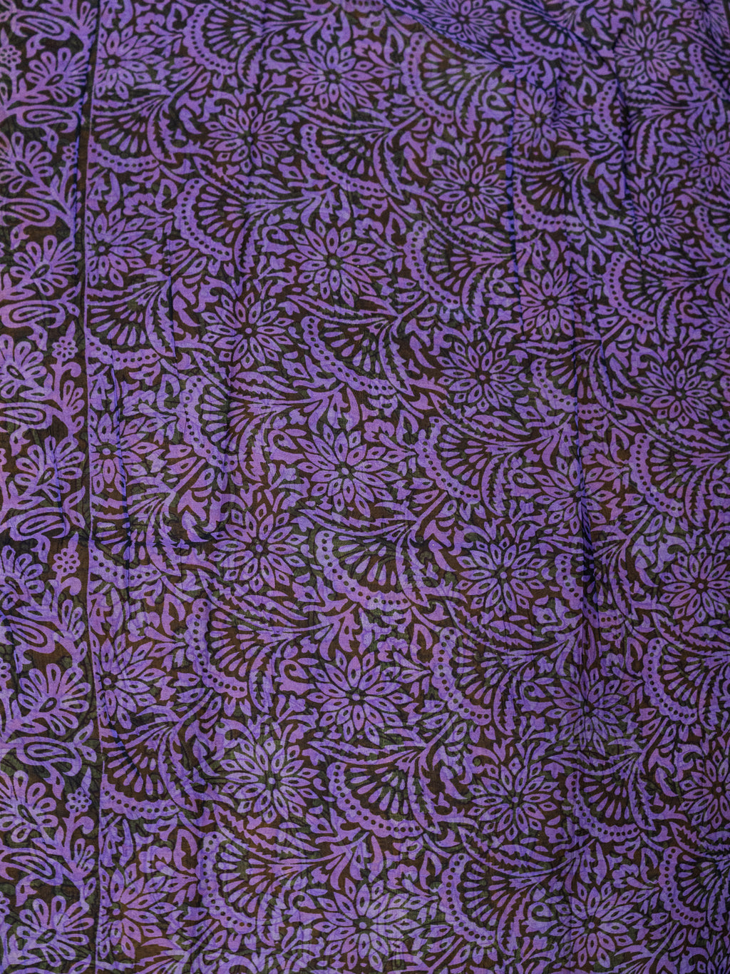 Kalamkari Print Cotton Saree in Green with Floral Design & Contrast Purple Pallu