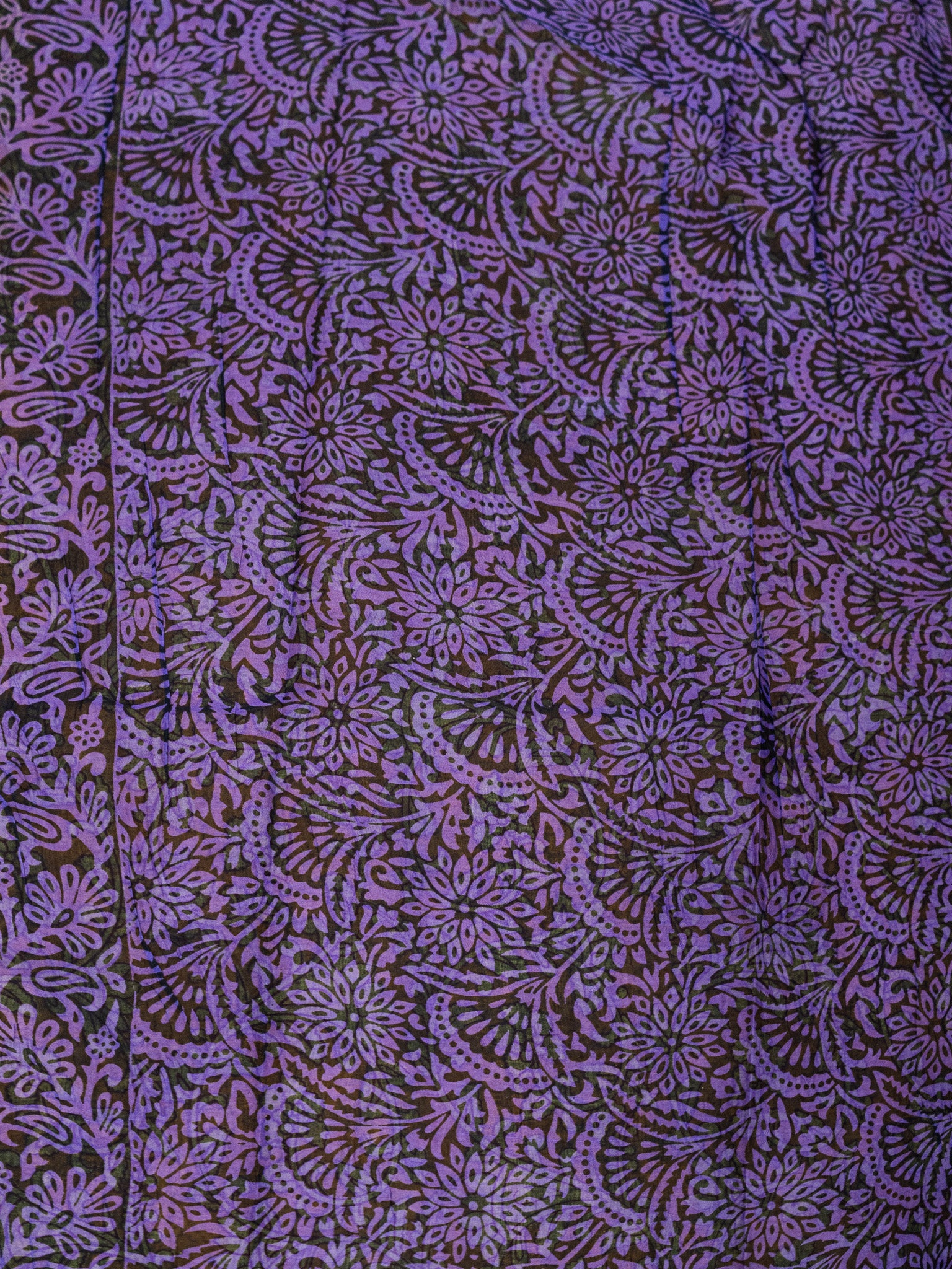 Kalamkari Print Cotton Saree in Green with Floral Design & Contrast Purple Pallu