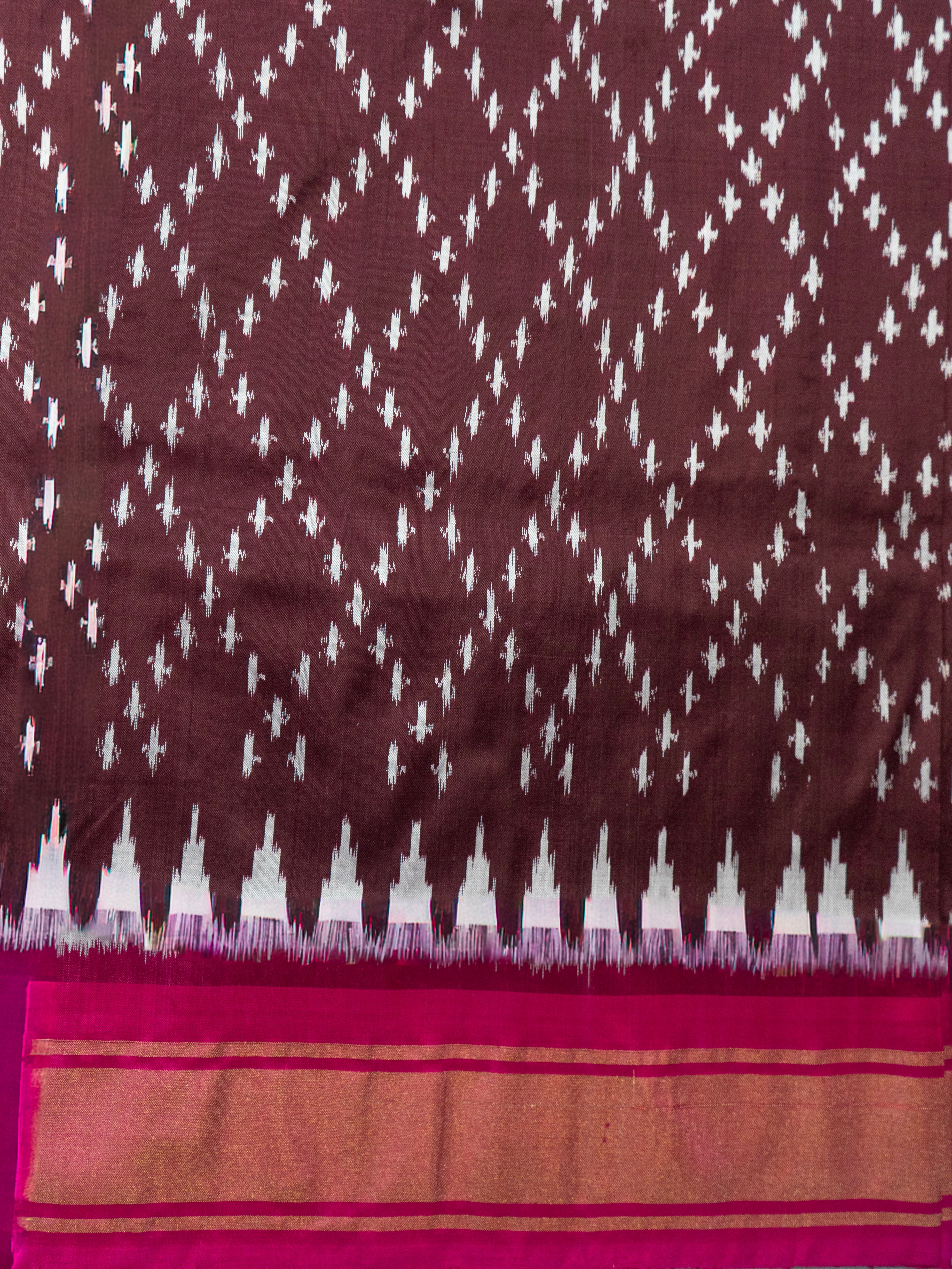 Pure Pochampally Silk Saree in Brown with Ikat Weaving & Contrast Pink Pallu