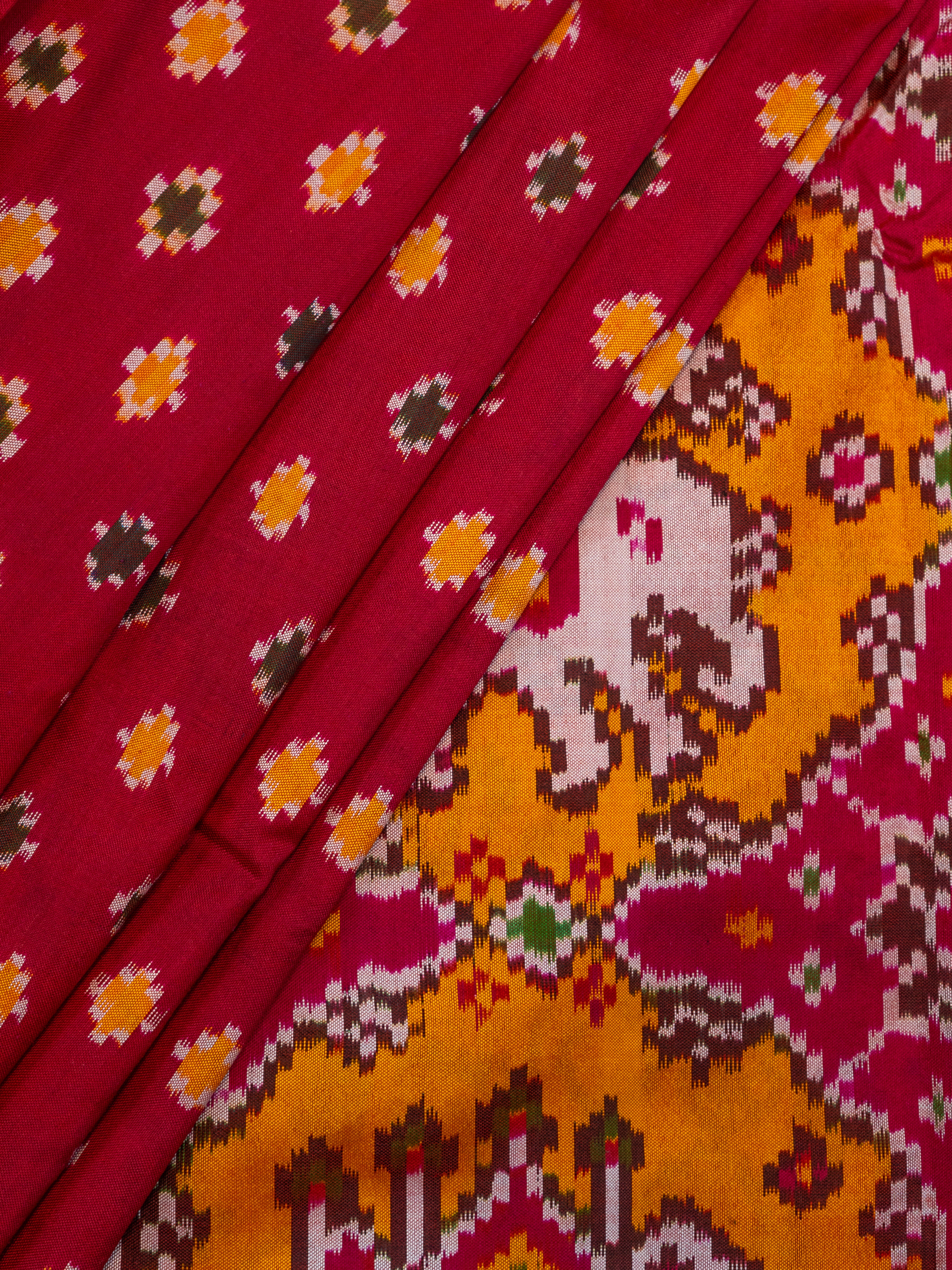 Pure Pochampally Ikat Silk Saree in Orange with Animal Motifs, Kanjivaram Border & Red Zari Pallu