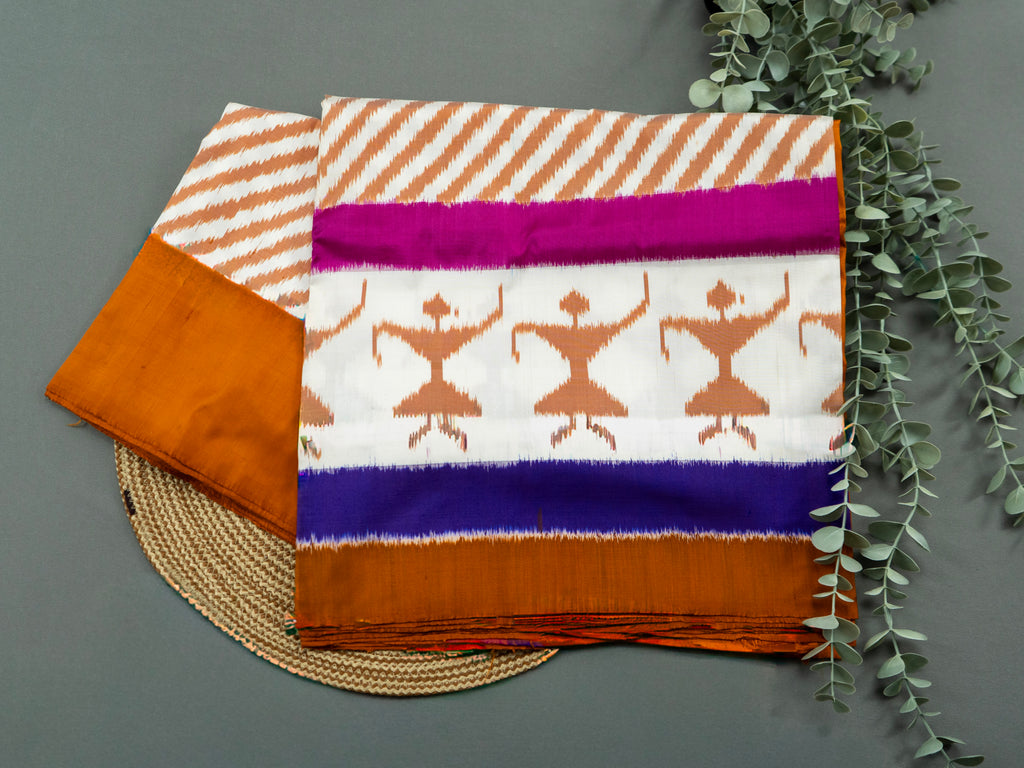 Pure Pochampally Double Ikat Silk Saree in Brown & White with Kalamkari Border