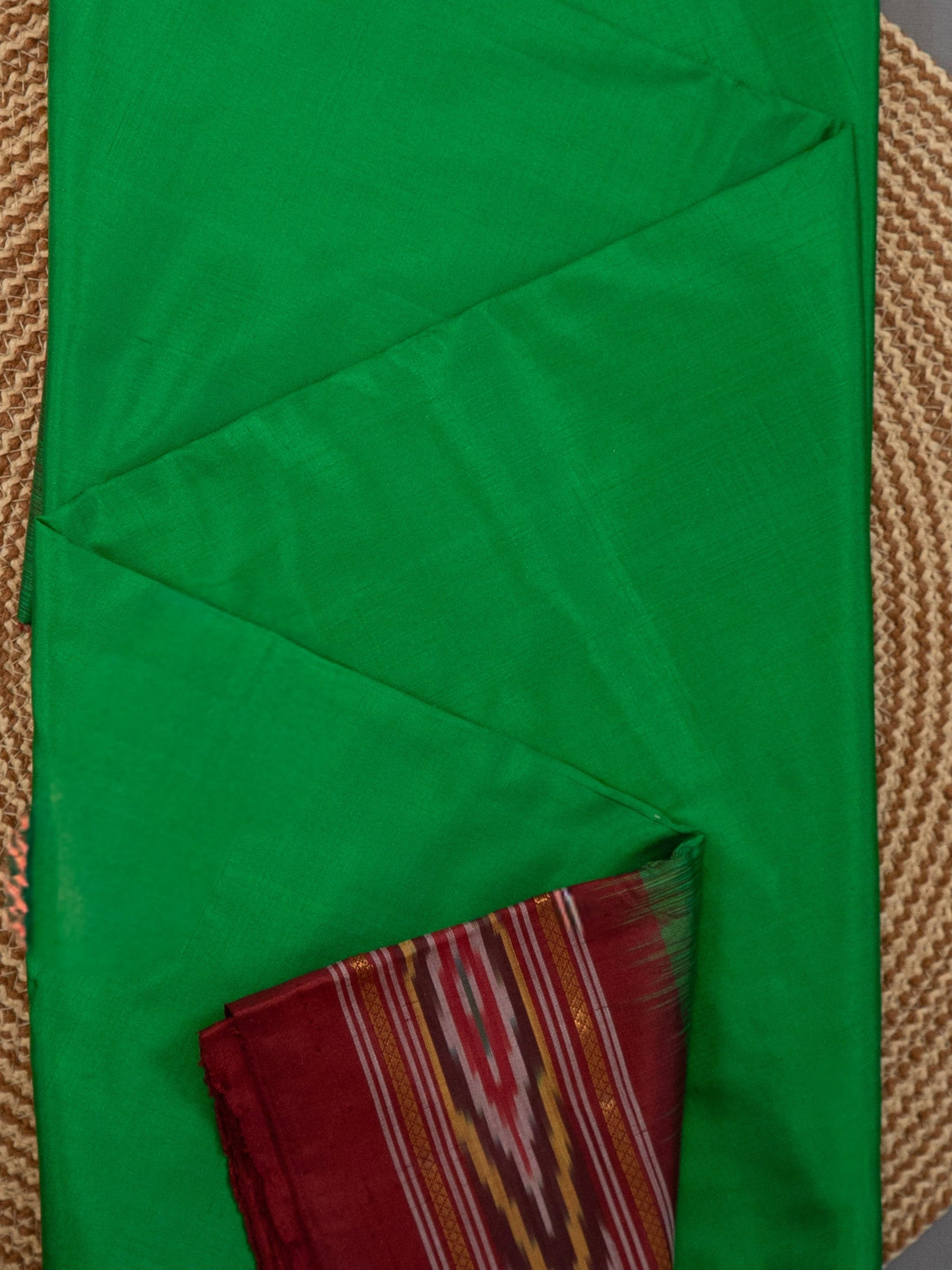 Pure Pochampally Dark Green Silk Saree with Red Patola Border & Patola Pallu (Without Blouse)