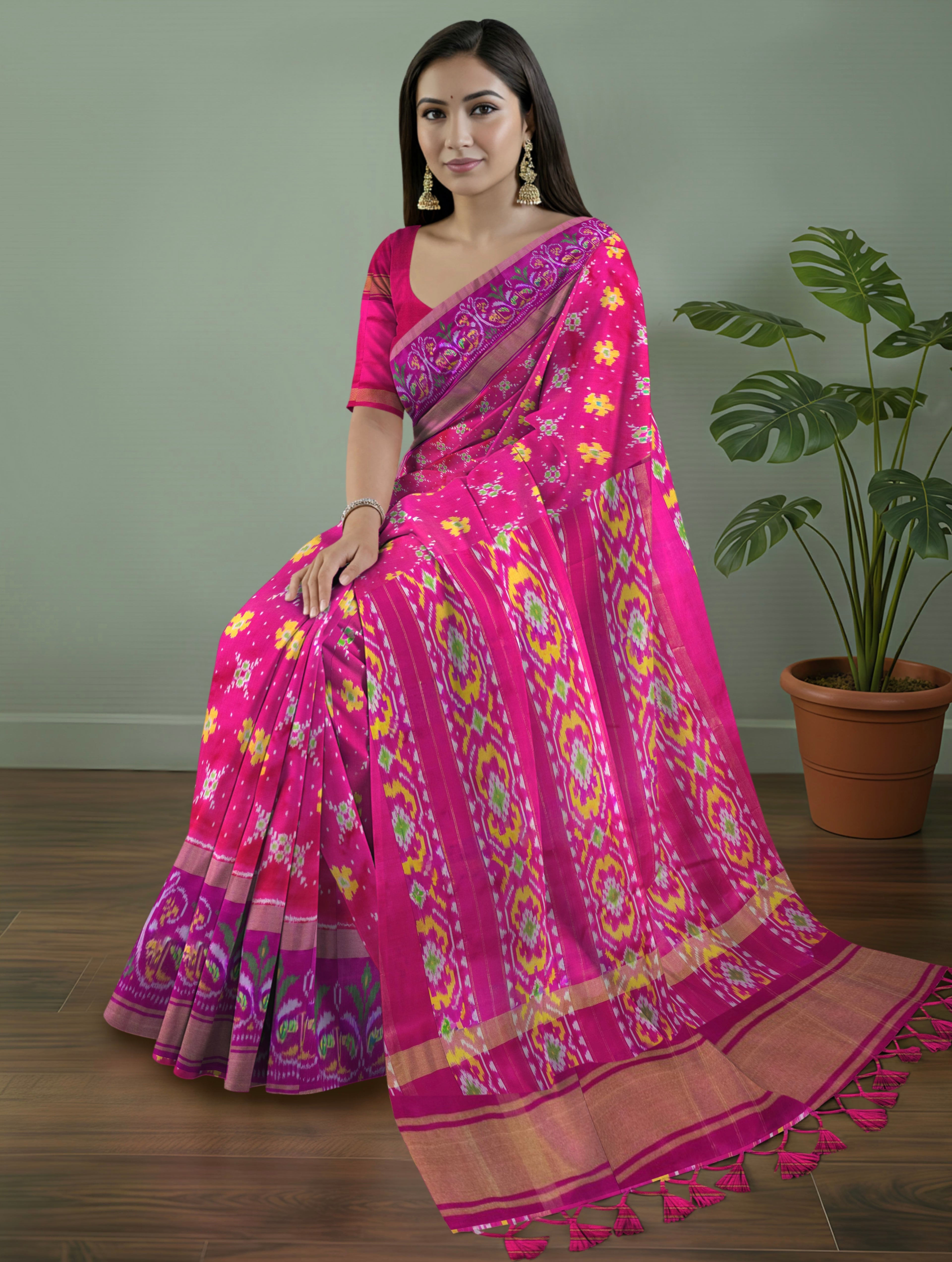 Premium Pure Pochampally Double Ikat Silk Saree in Deep Pink with All-Over Ikat & Zari