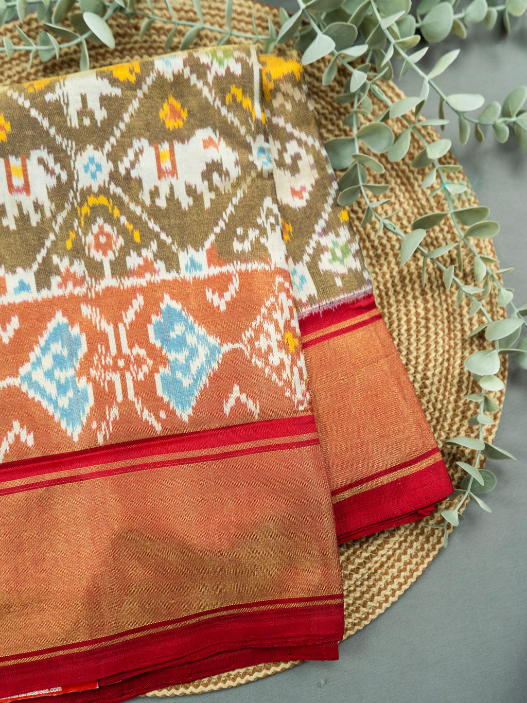 Pure Pochampally Silk Saree in Brown with Gold Zari Sparkle & Orange Ikat Pallu