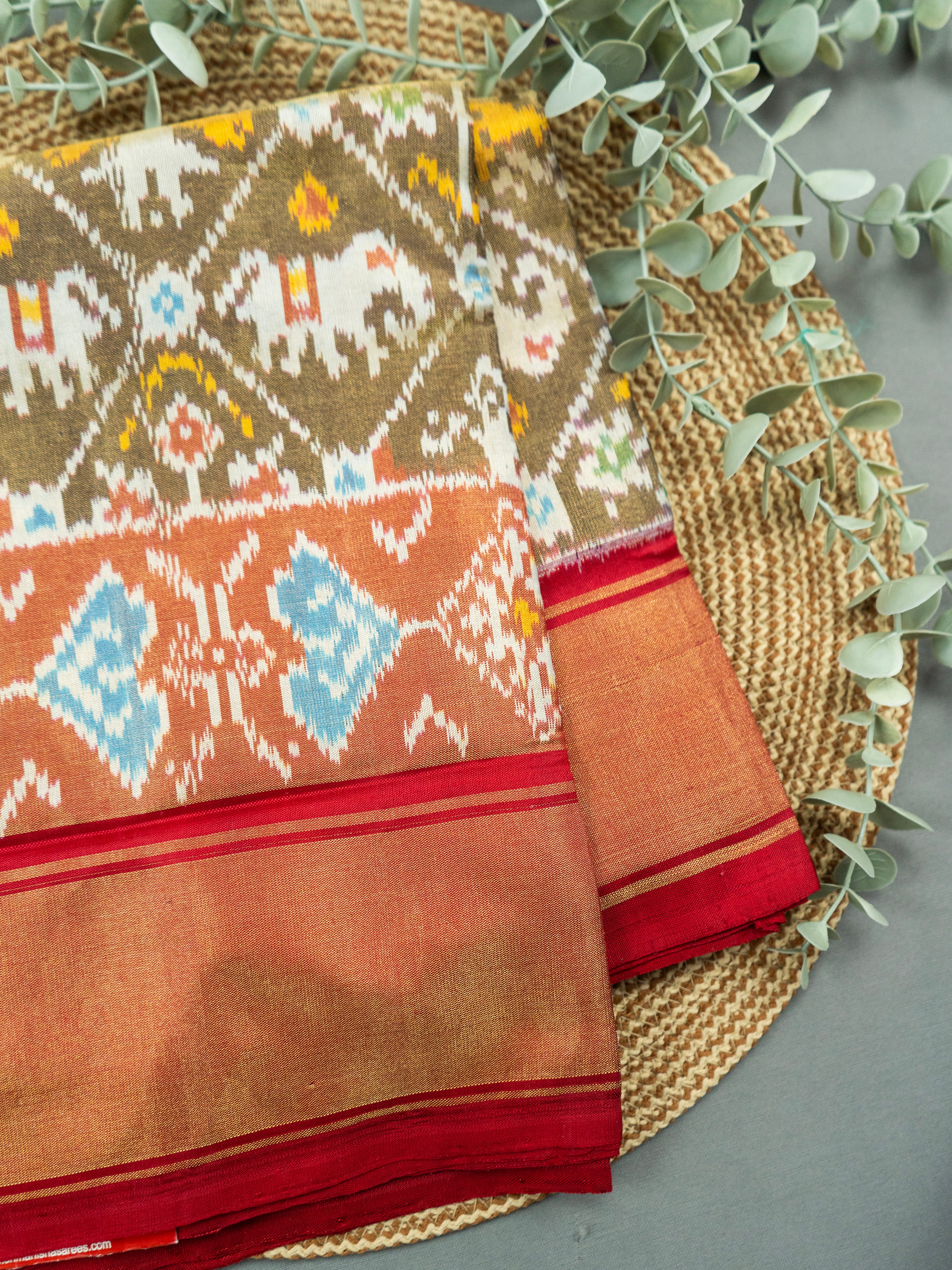 Pure Pochampally Silk Saree in Brown with Gold Zari Sparkle & Orange Ikat Pallu