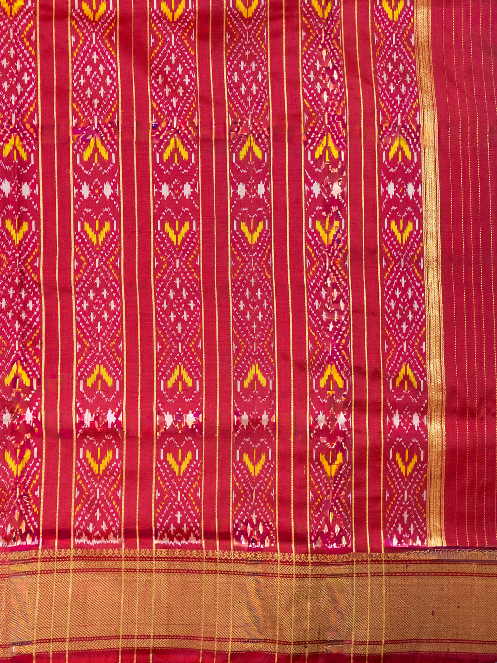 Pure Pochampally Double Ikat Silk Saree in Deep Red with Multicolour Ikat & Gold Zari