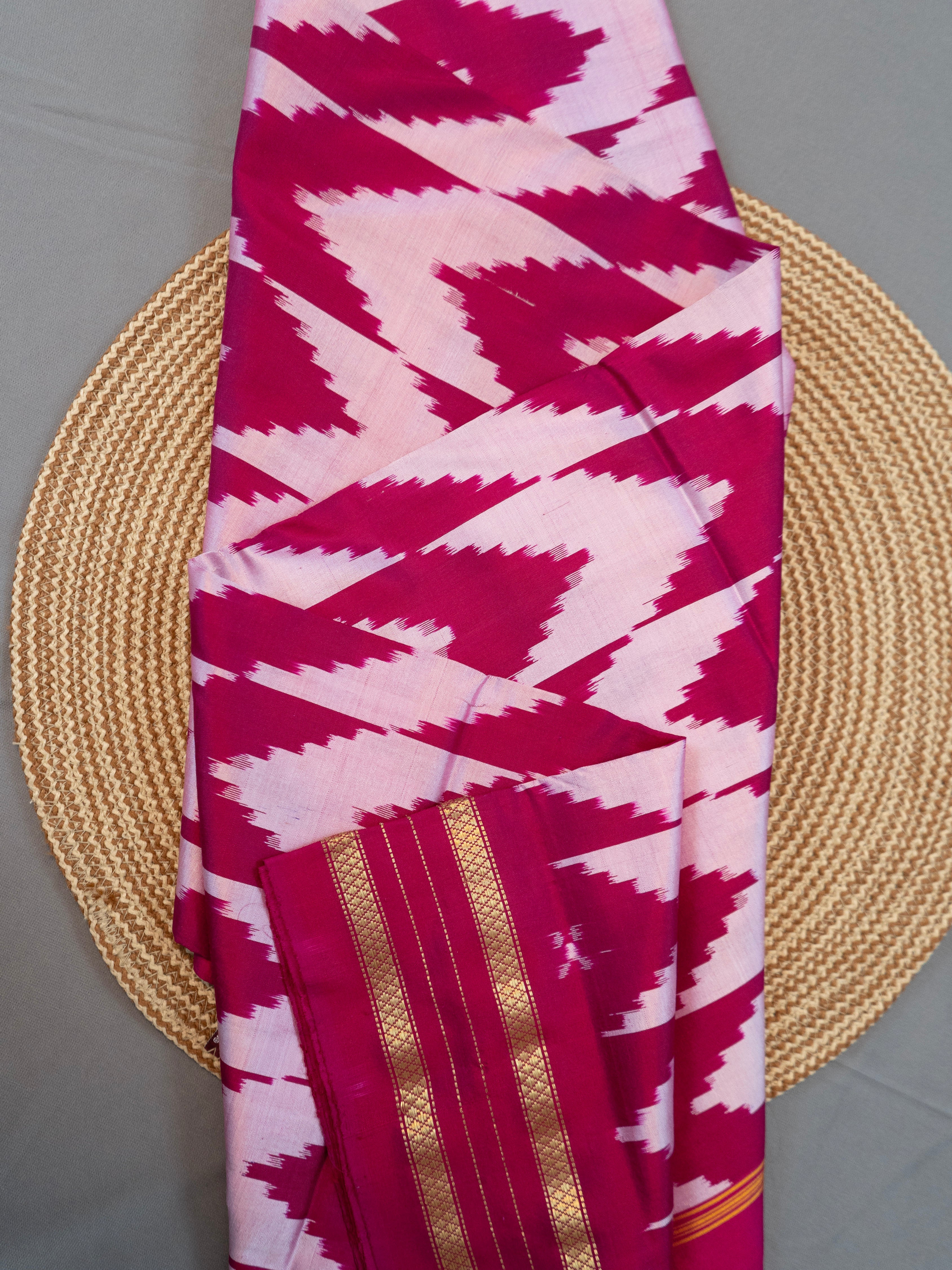 Pure Pochampally Double Ikat Silk Saree in Pink with Ikat Pallu, Golden Zari & Plain Blouse