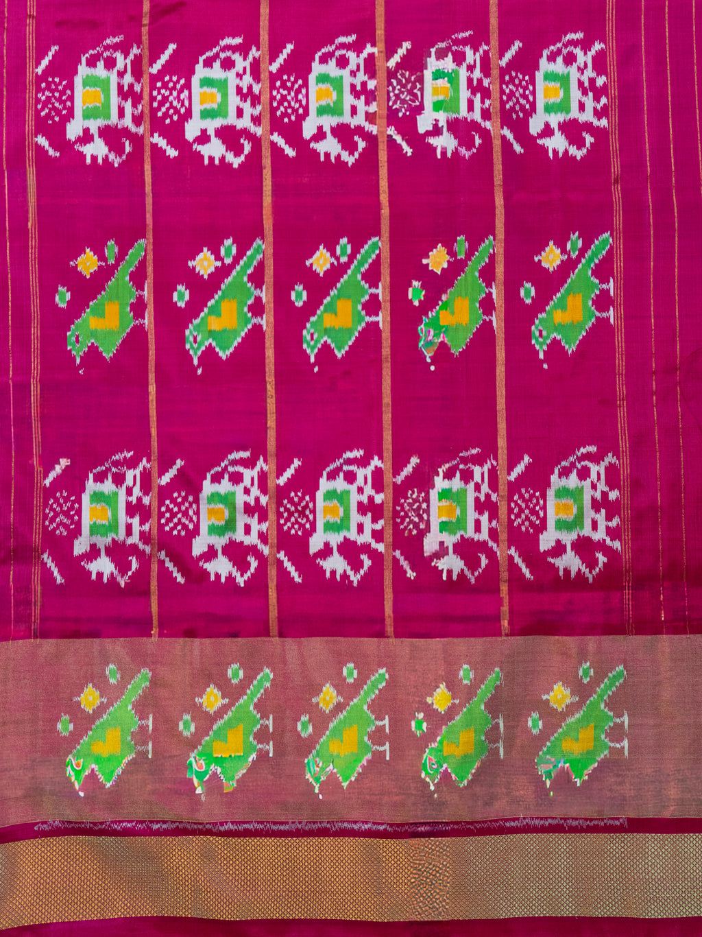 Pure Pochampally Double Ikat Silk Saree in Yellow with Elephant Ikat & Pink Pallu
