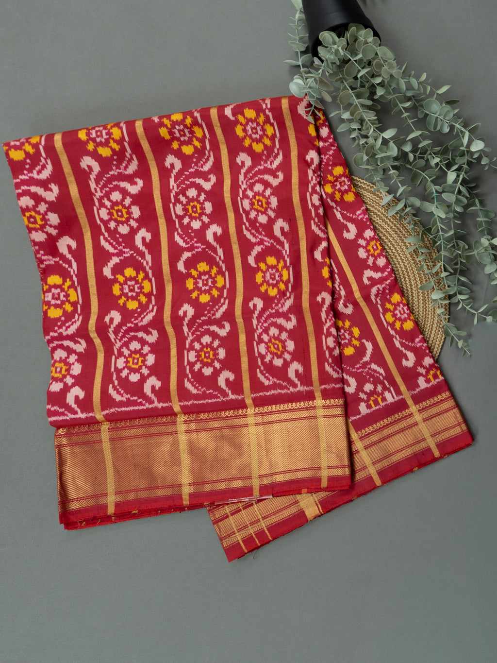 Pure Pochampally Double Ikat Silk Saree in Deep Red with Multicolour Ikat & Gold Zari